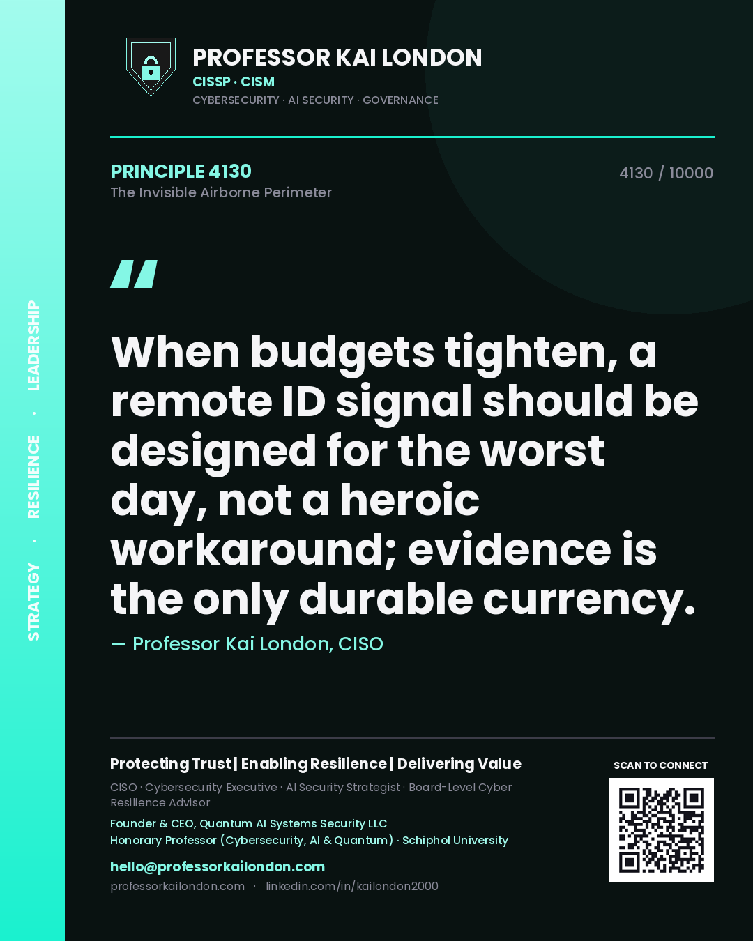 Professor Kai London principle 4130: When budgets tighten, a remote ID signal should be designed for the worst day, not a heroic workaround; evidence is the only durable currency.