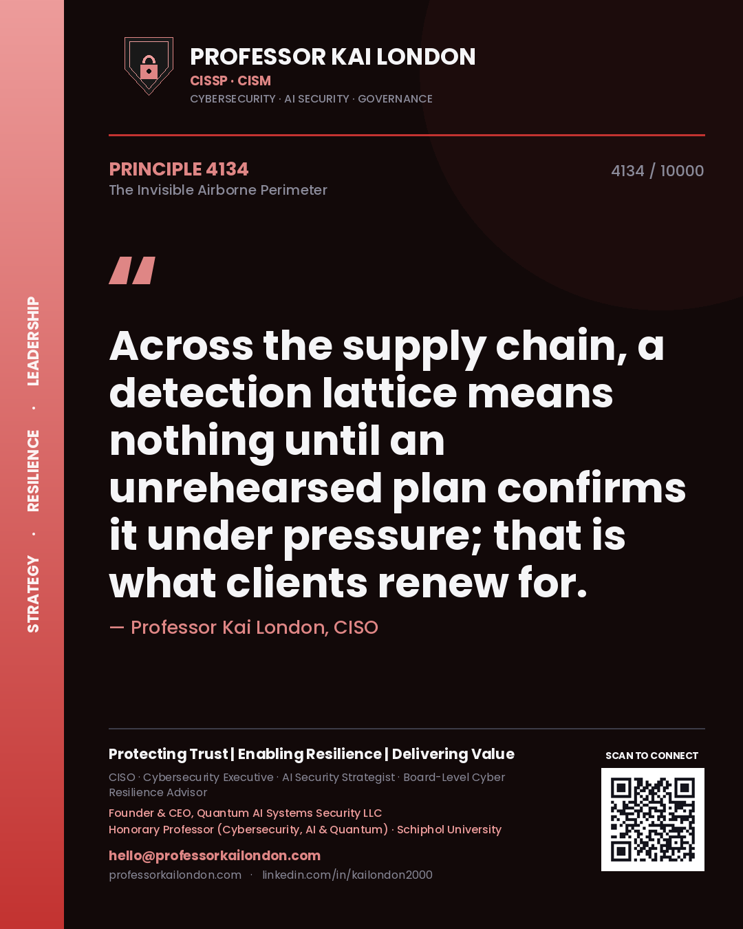 Quote card by Professor Kai London reading 'Across the supply chain, a detection lattice means nothing until an unrehearsed plan confirms it under pressure; that is what clients renew for.'. From the book The Invisible Airborne Perimeter.