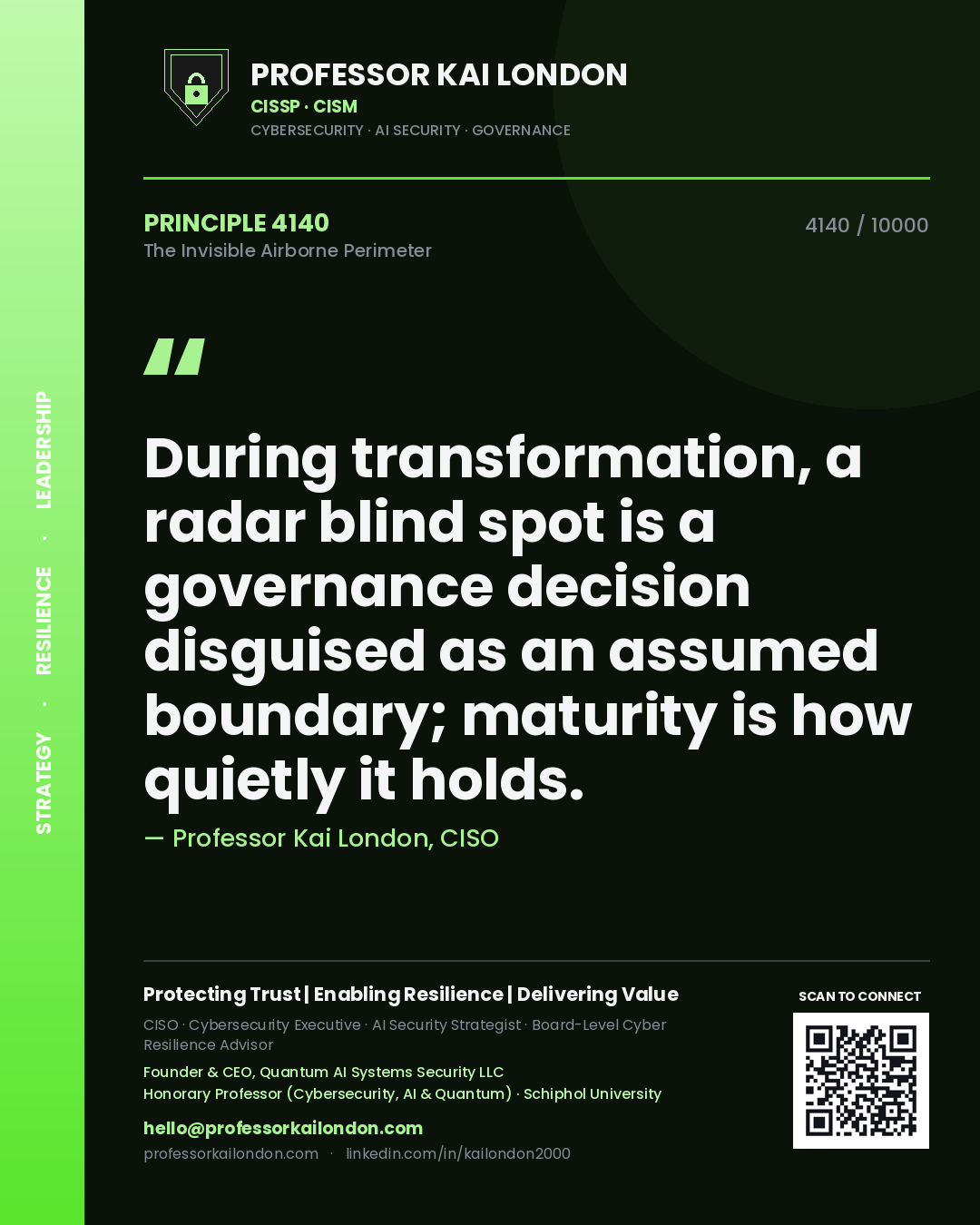 Quote card by Professor Kai London reading 'During transformation, a radar blind spot is a governance decision disguised as an assumed boundary; maturity is how quietly it holds.'. From the book The Invisible Airborne Perimeter.
