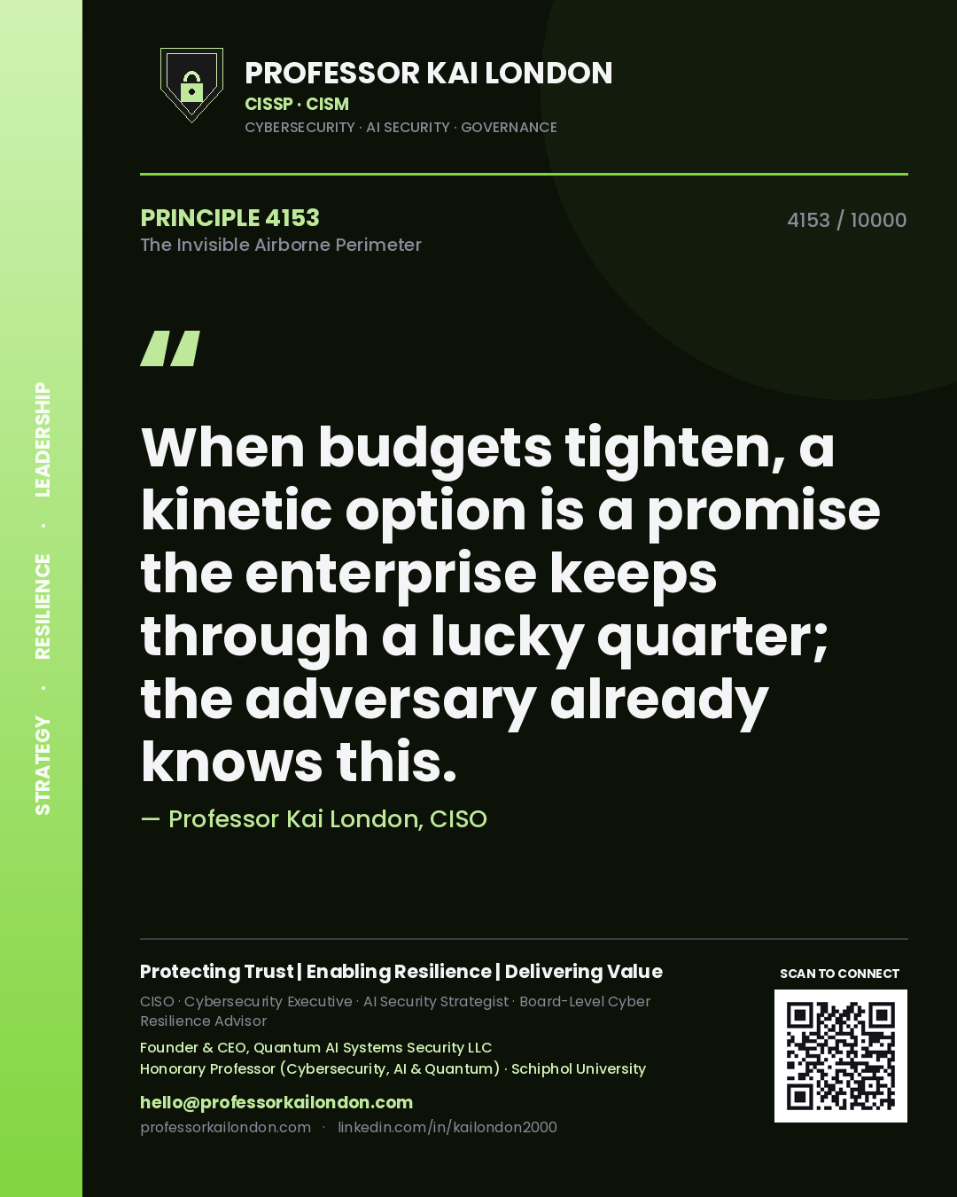 Quote card by Professor Kai London reading 'When budgets tighten, a kinetic option is a promise the enterprise keeps through a lucky quarter; the adversary already knows this.'. From the book The Invisible Airborne Perimeter.