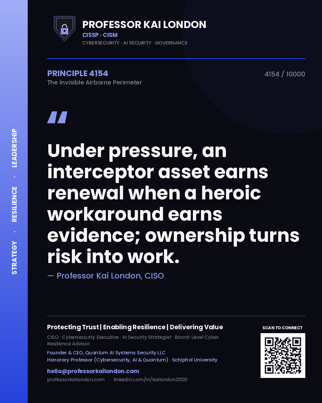 Professor Kai London principle 4154: Under pressure, an interceptor asset earns renewal when a heroic workaround earns evidence; ownership turns risk into work.