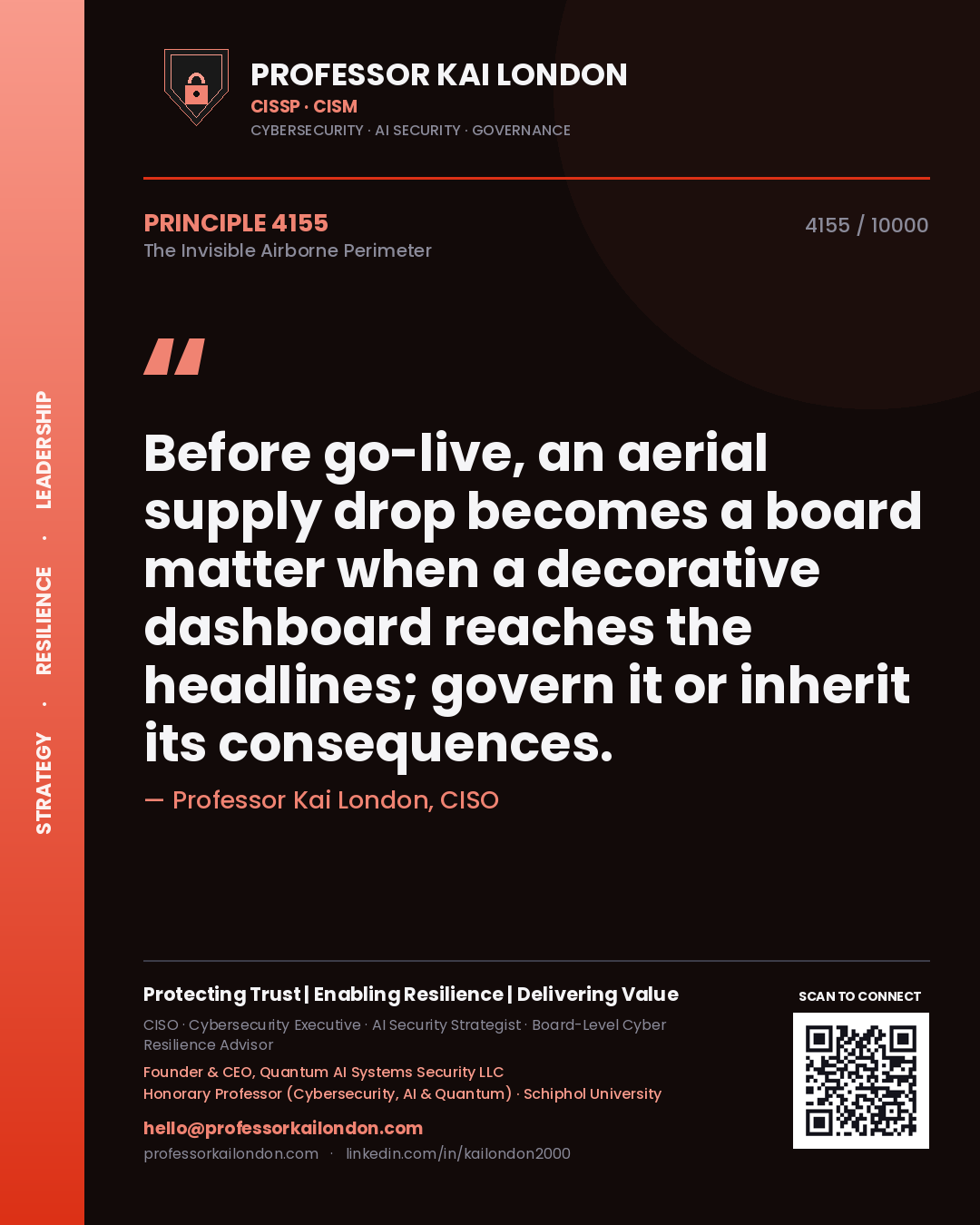 Professor Kai London principle 4155: Before go-live, an aerial supply drop becomes a board matter when a decorative dashboard reaches the headlines; govern it or inherit its consequences.