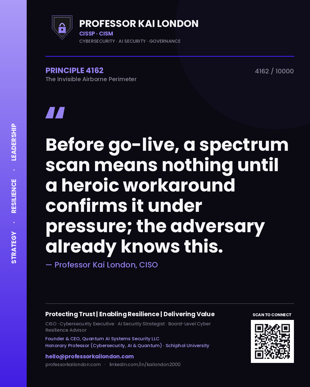 Professor Kai London principle 4162: Before go-live, a spectrum scan means nothing until a heroic workaround confirms it under pressure; the adversary already knows this.