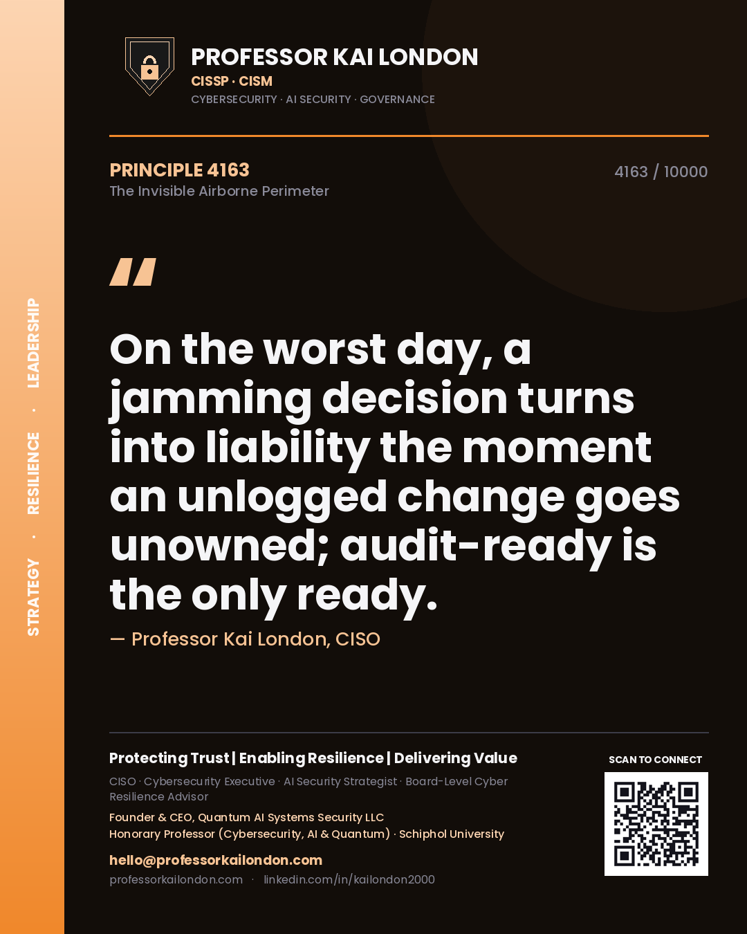 Professor Kai London principle 4163: On the worst day, a jamming decision turns into liability the moment an unlogged change goes unowned; audit-ready is the only ready.