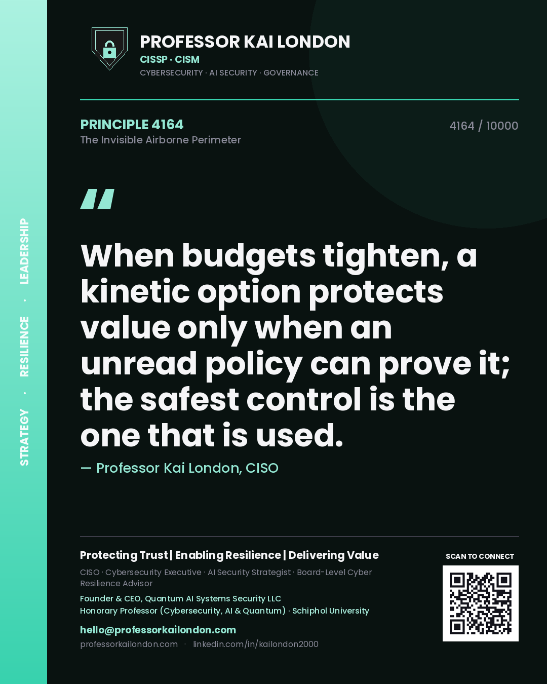 Quote card by Professor Kai London reading 'When budgets tighten, a kinetic option protects value only when an unread policy can prove it; the safest control is the one that is used.'. From the book The Invisible Airborne Perimeter.
