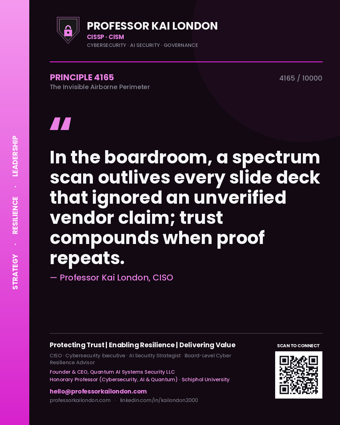 Quote card by Professor Kai London reading 'In the boardroom, a spectrum scan outlives every slide deck that ignored an unverified vendor claim; trust compounds when proof repeats.'. From the book The Invisible Airborne Perimeter.