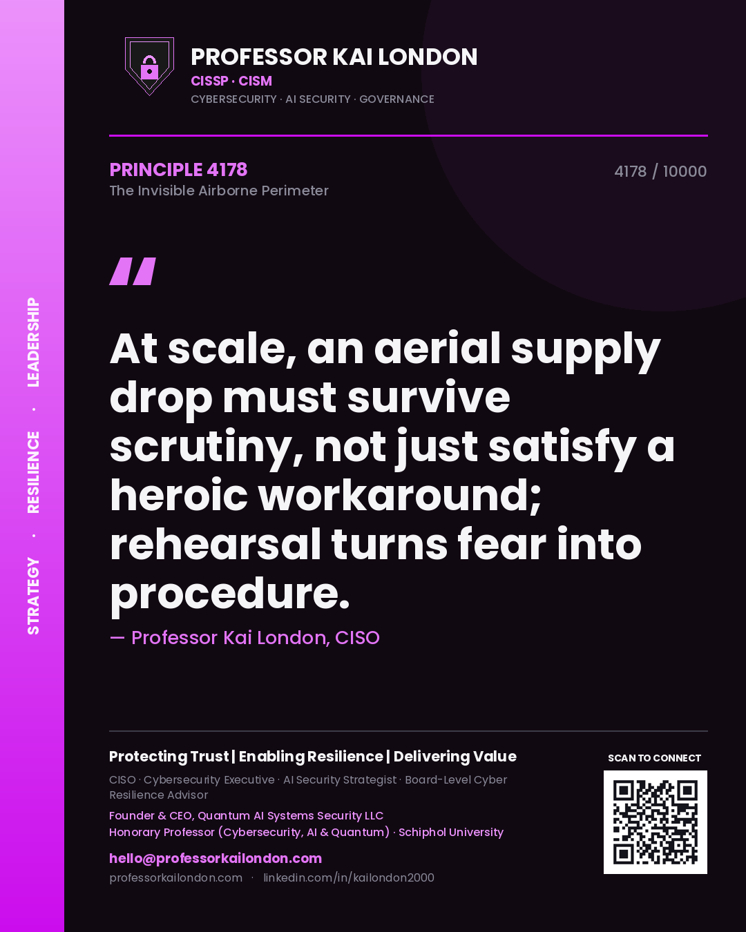 Quote card by Professor Kai London reading 'At scale, an aerial supply drop must survive scrutiny, not just satisfy a heroic workaround; rehearsal turns fear into procedure.'. From the book The Invisible Airborne Perimeter.