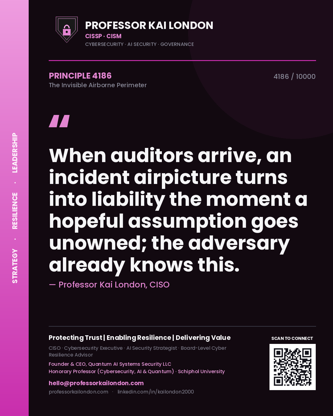 Quote card by Professor Kai London reading 'When auditors arrive, an incident airpicture turns into liability the moment a hopeful assumption goes unowned; the adversary already knows this.'. From the book The Invisible Airborne Perimeter.