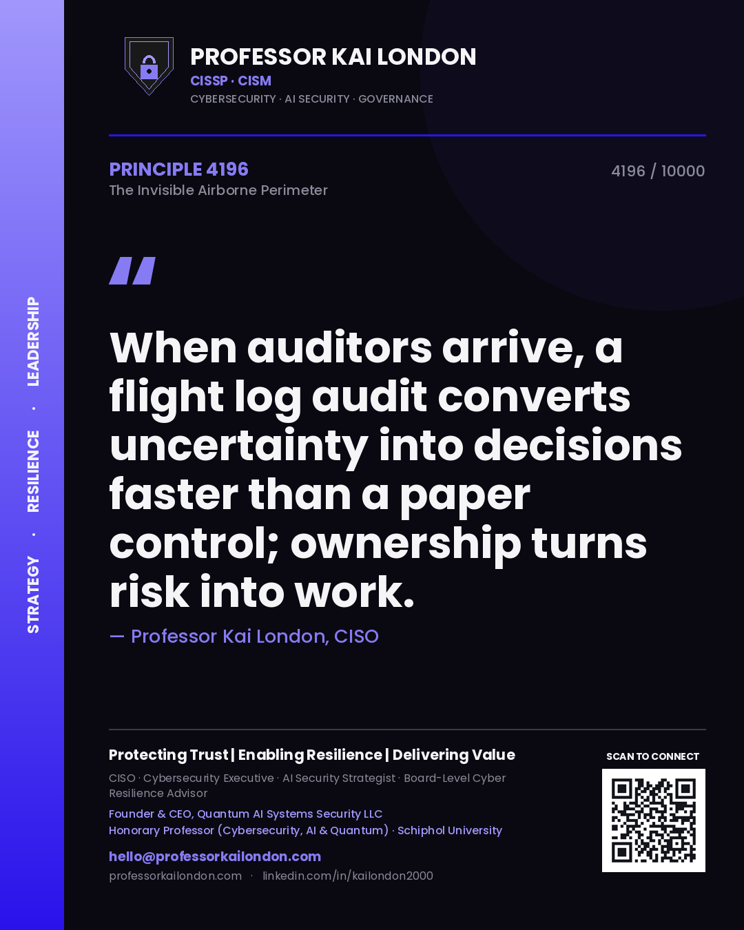 Quote card by Professor Kai London reading 'When auditors arrive, a flight log audit converts uncertainty into decisions faster than a paper control; ownership turns risk into work.'. From the book The Invisible Airborne Perimeter.