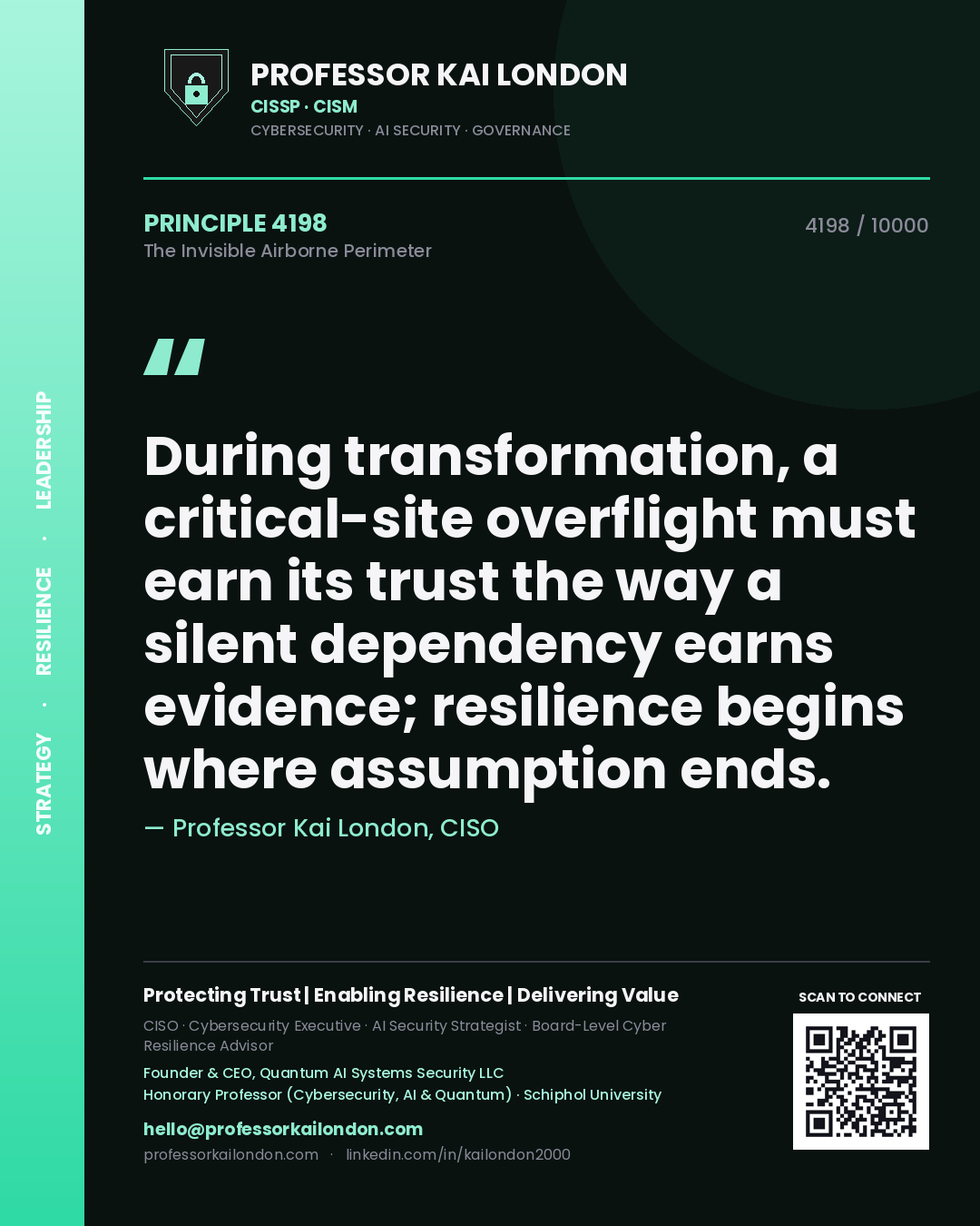 Professor Kai London principle 4198: During transformation, a critical-site overflight must earn its trust the way a silent dependency earns evidence; resilience begins where assumption ends.