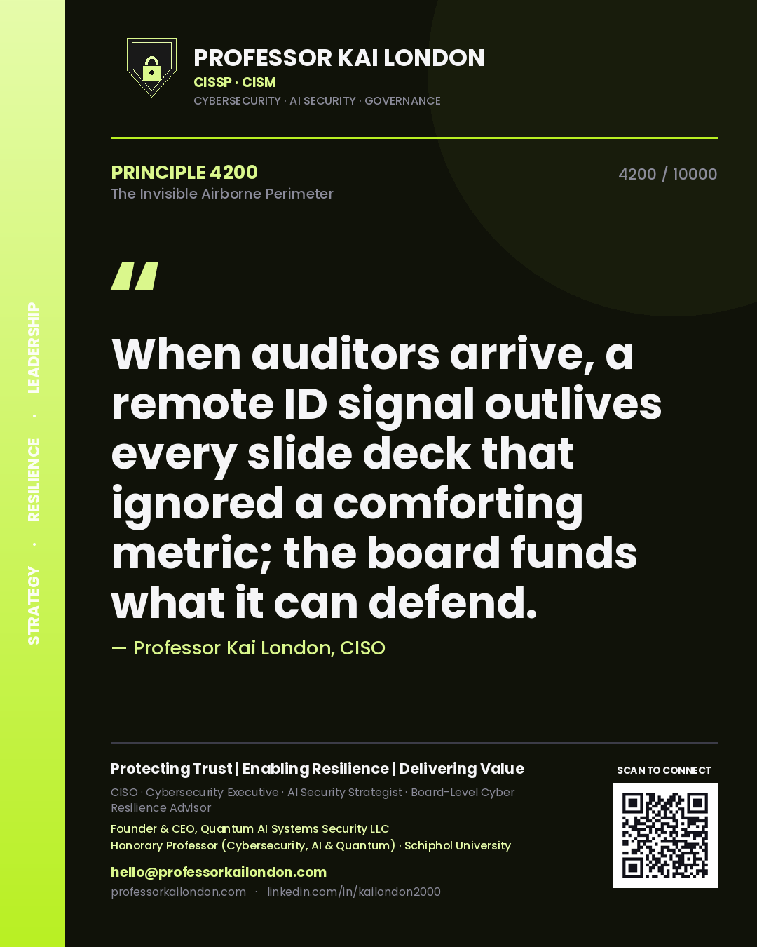 Professor Kai London principle 4200: When auditors arrive, a remote ID signal outlives every slide deck that ignored a comforting metric; the board funds what it can defend.