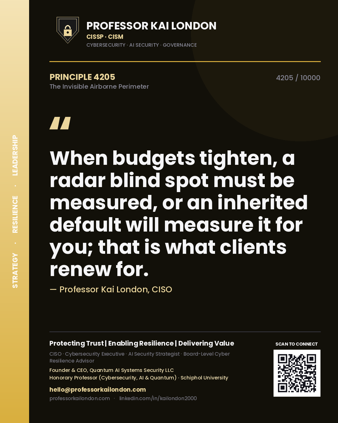 Professor Kai London principle 4205: When budgets tighten, a radar blind spot must be measured, or an inherited default will measure it for you; that is what clients renew for.