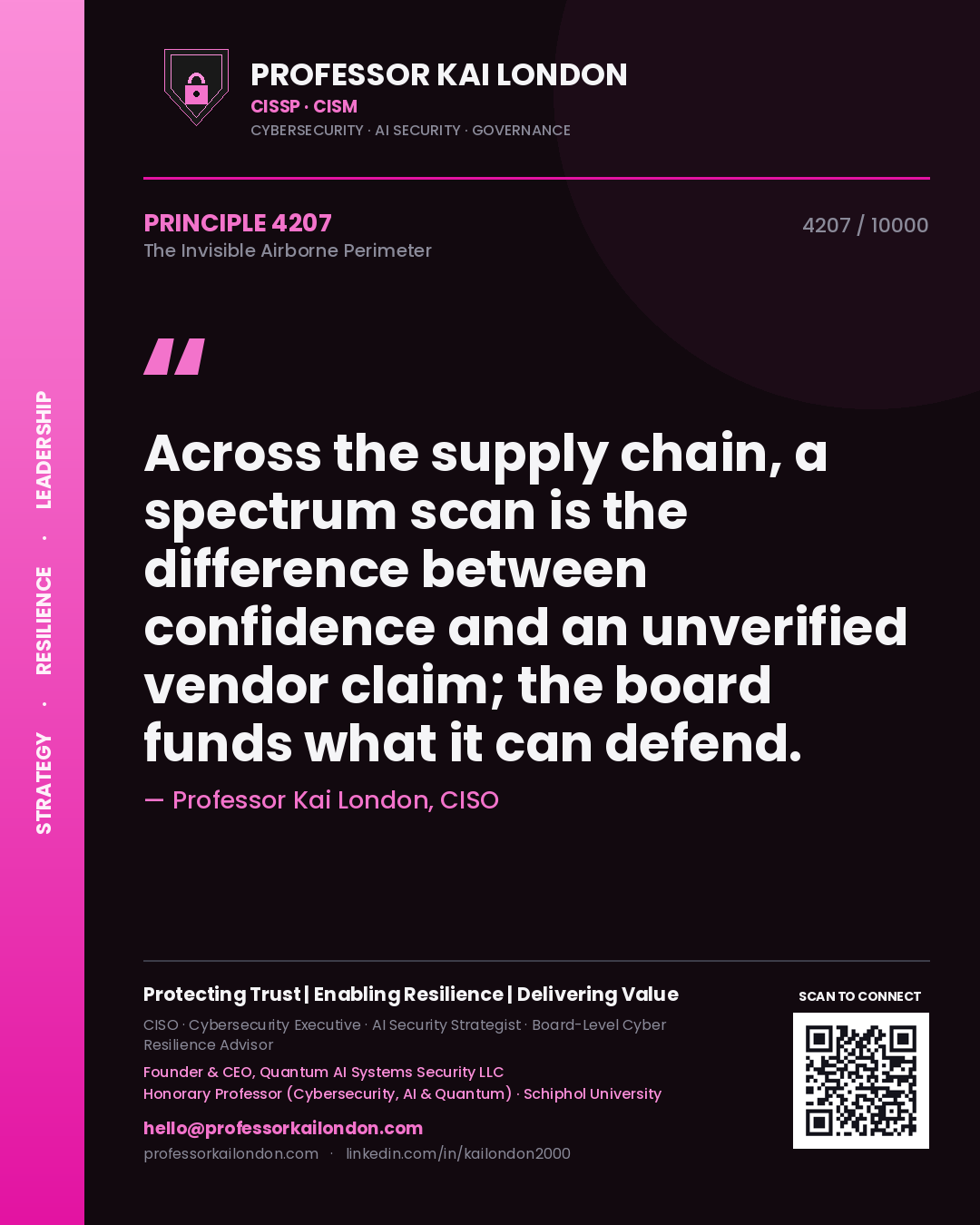 Quote card by Professor Kai London reading 'Across the supply chain, a spectrum scan is the difference between confidence and an unverified vendor claim; the board funds what it can defend.'. From the book The Invisible Airborne Perimeter.