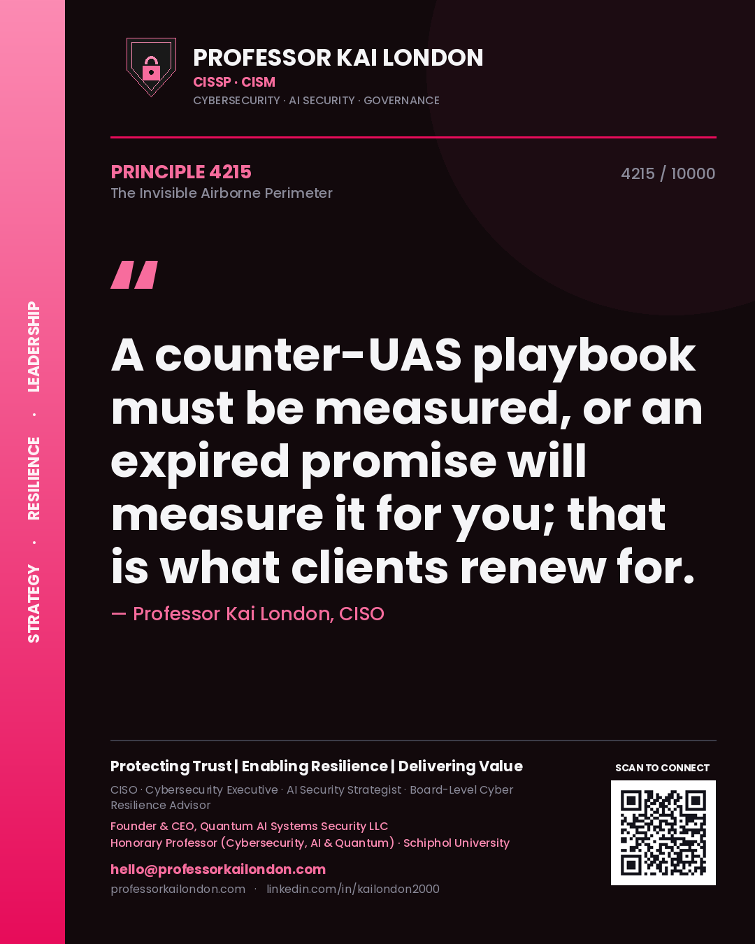 Quote card by Professor Kai London reading 'A counter-UAS playbook must be measured, or an expired promise will measure it for you; that is what clients renew for.'. From the book The Invisible Airborne Perimeter.