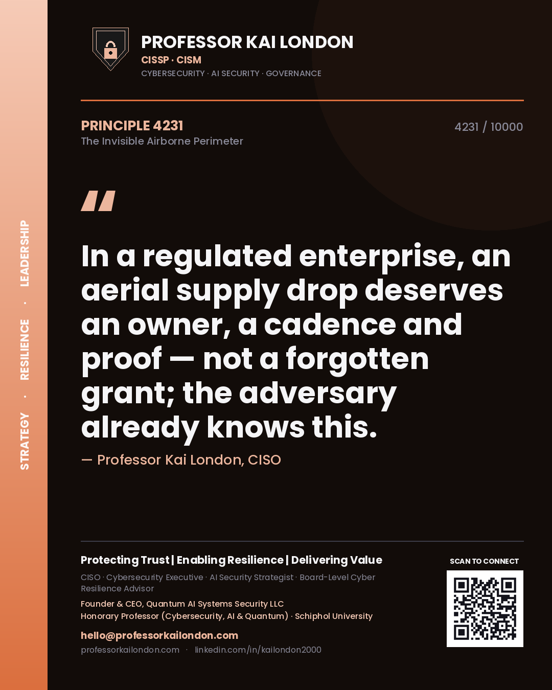 Professor Kai London principle 4231: In a regulated enterprise, an aerial supply drop deserves an owner, a cadence and proof — not a forgotten grant; the adversary already knows this.