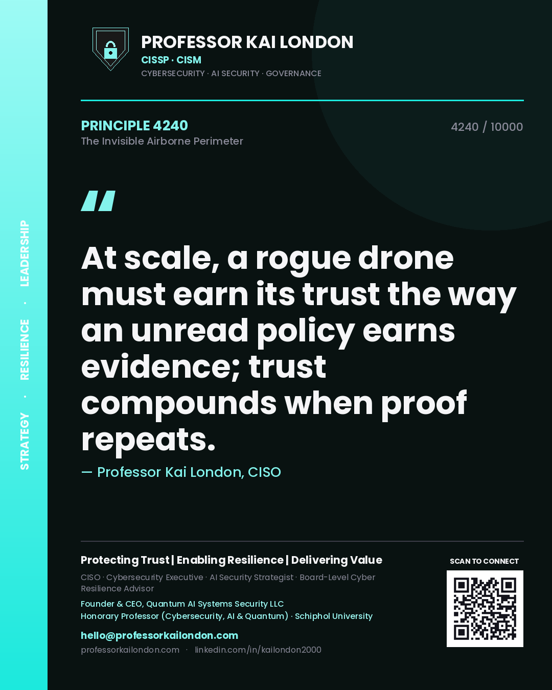Quote card by Professor Kai London reading 'At scale, a rogue drone must earn its trust the way an unread policy earns evidence; trust compounds when proof repeats.'. From the book The Invisible Airborne Perimeter.