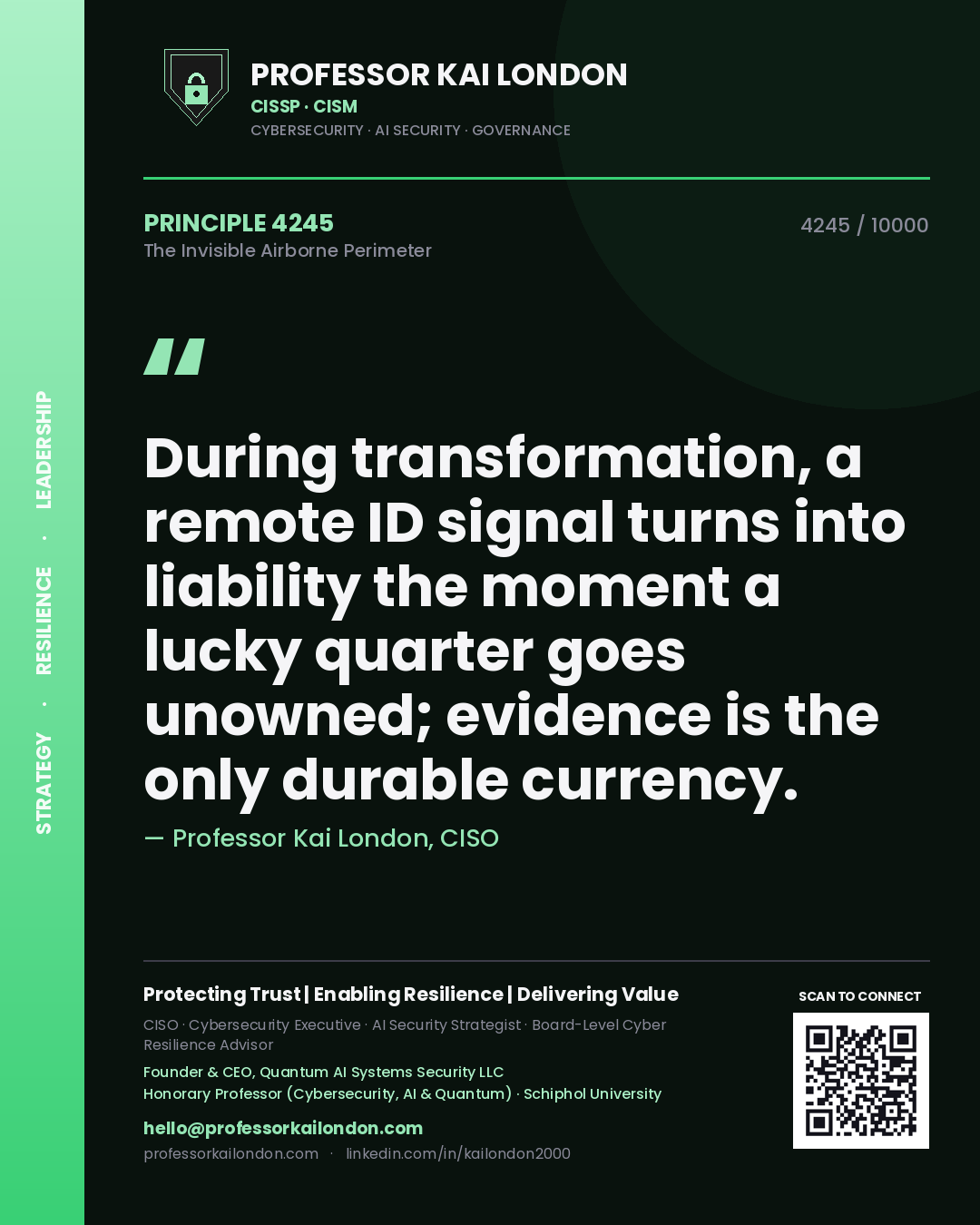 Quote card by Professor Kai London reading 'During transformation, a remote ID signal turns into liability the moment a lucky quarter goes unowned; evidence is the only durable currency.'. From the book The Invisible Airborne Perimeter.