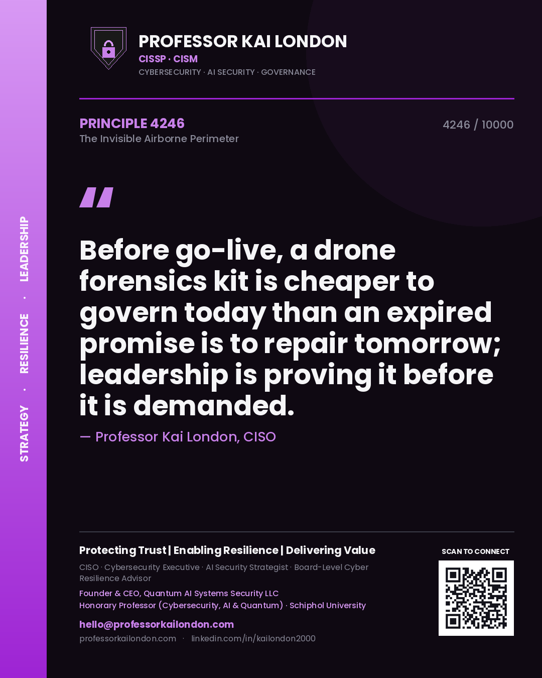 Quote card by Professor Kai London reading 'Before go-live, a drone forensics kit is cheaper to govern today than an expired promise is to repair tomorrow; leadership is proving it before it is demanded.'. From the book The Invisible Airborne Perimeter.