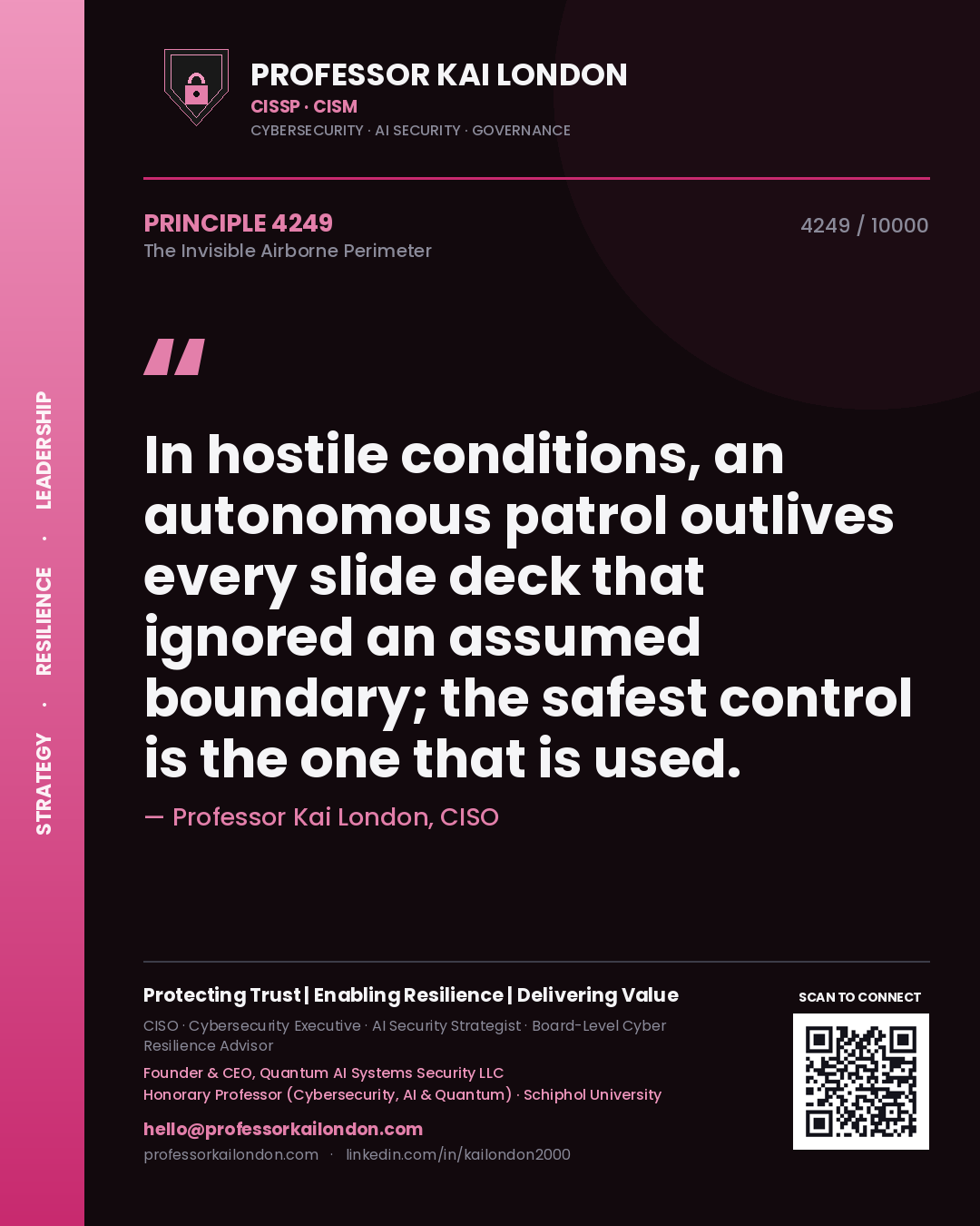Quote card by Professor Kai London reading 'In hostile conditions, an autonomous patrol outlives every slide deck that ignored an assumed boundary; the safest control is the one that is used.'. From the book The Invisible Airborne Perimeter.