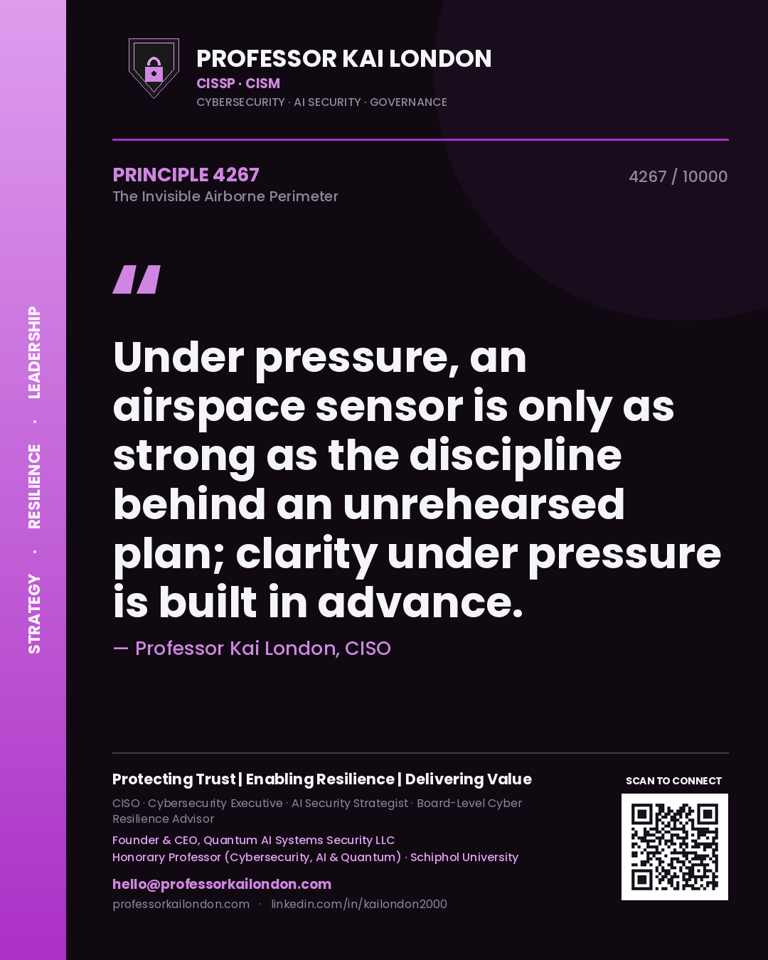 Quote card by Professor Kai London reading 'Under pressure, an airspace sensor is only as strong as the discipline behind an unrehearsed plan; clarity under pressure is built in advance.'. From the book The Invisible Airborne Perimeter.