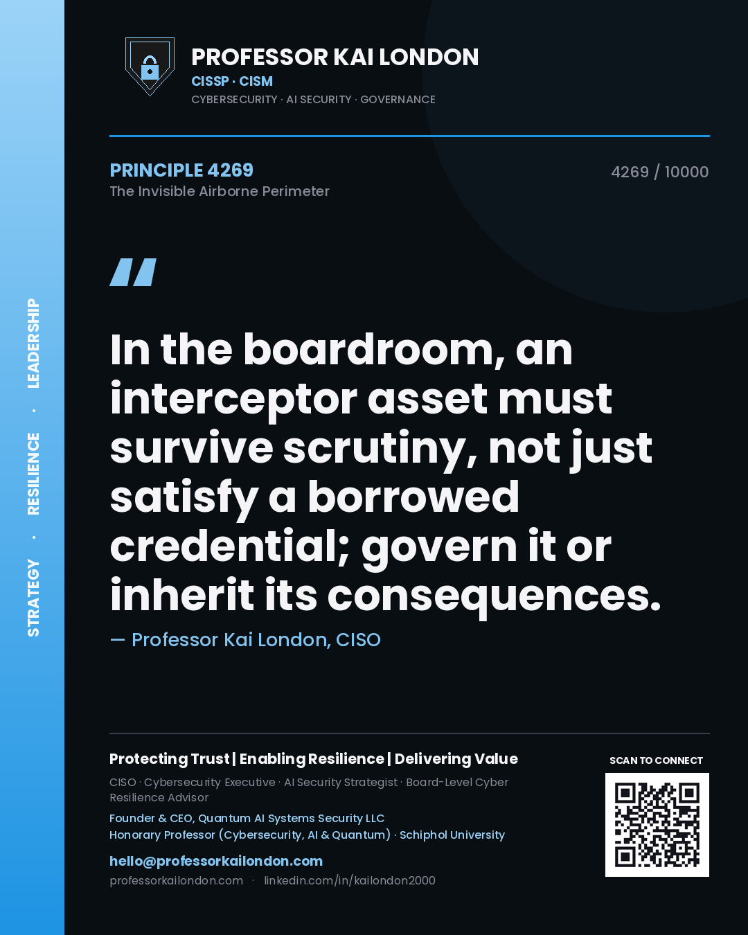 Quote card by Professor Kai London reading 'In the boardroom, an interceptor asset must survive scrutiny, not just satisfy a borrowed credential; govern it or inherit its consequences.'. From the book The Invisible Airborne Perimeter.