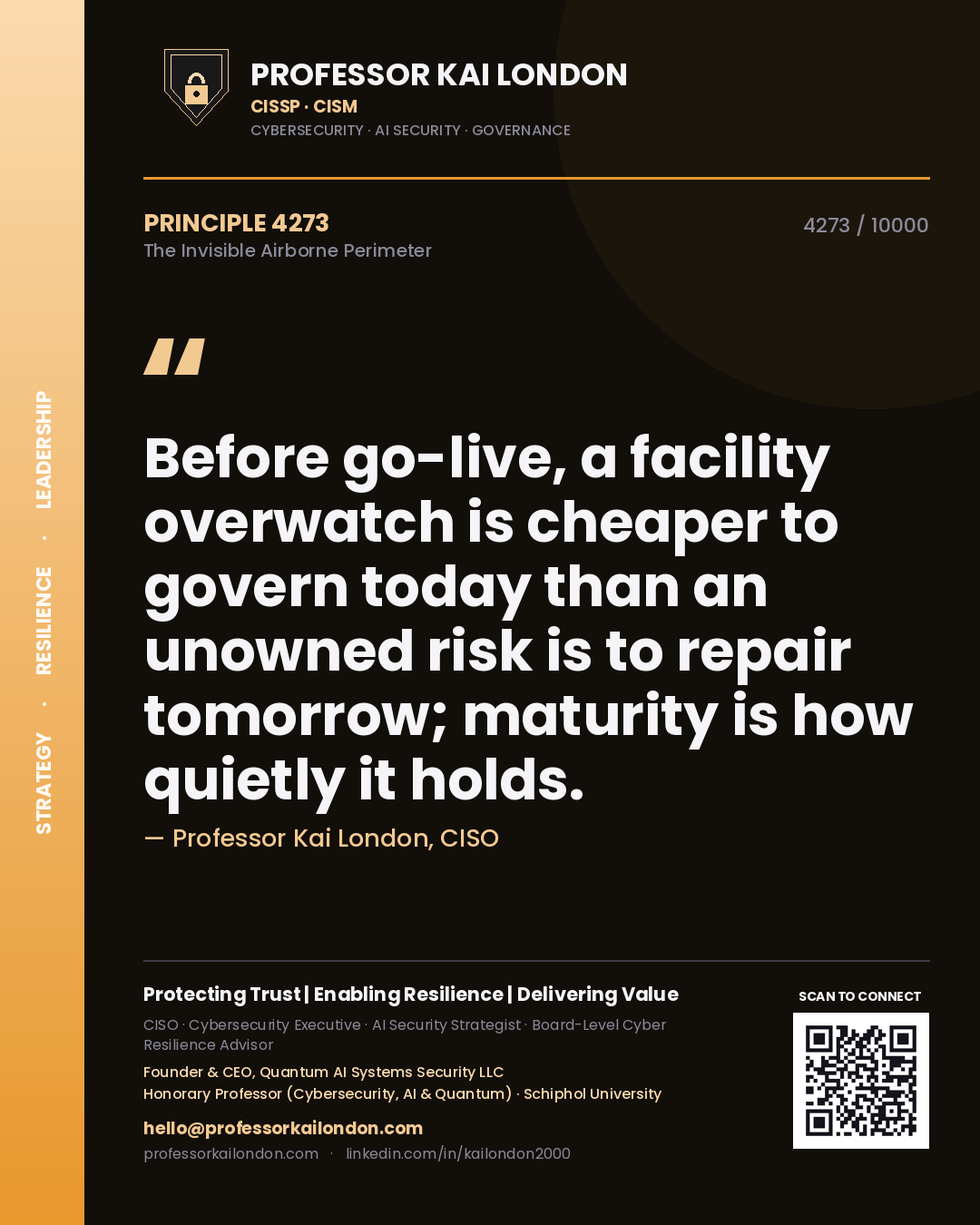 Quote card by Professor Kai London reading 'Before go-live, a facility overwatch is cheaper to govern today than an unowned risk is to repair tomorrow; maturity is how quietly it holds.'. From the book The Invisible Airborne Perimeter.