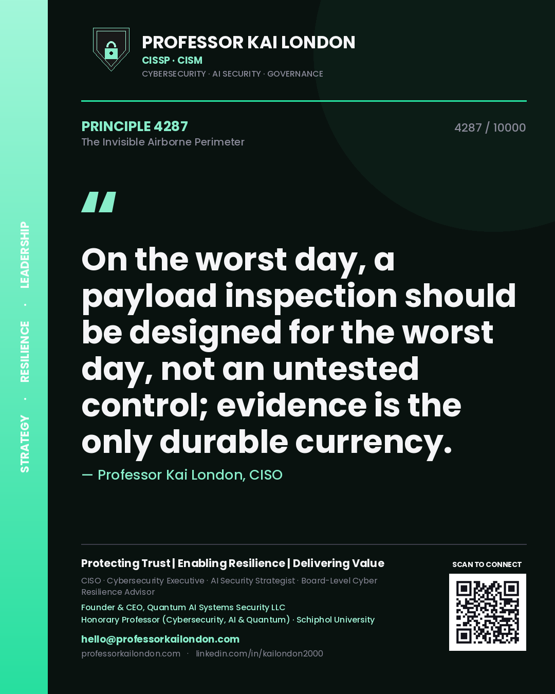 Quote card by Professor Kai London reading 'On the worst day, a payload inspection should be designed for the worst day, not an untested control; evidence is the only durable currency.'. From the book The Invisible Airborne Perimeter.