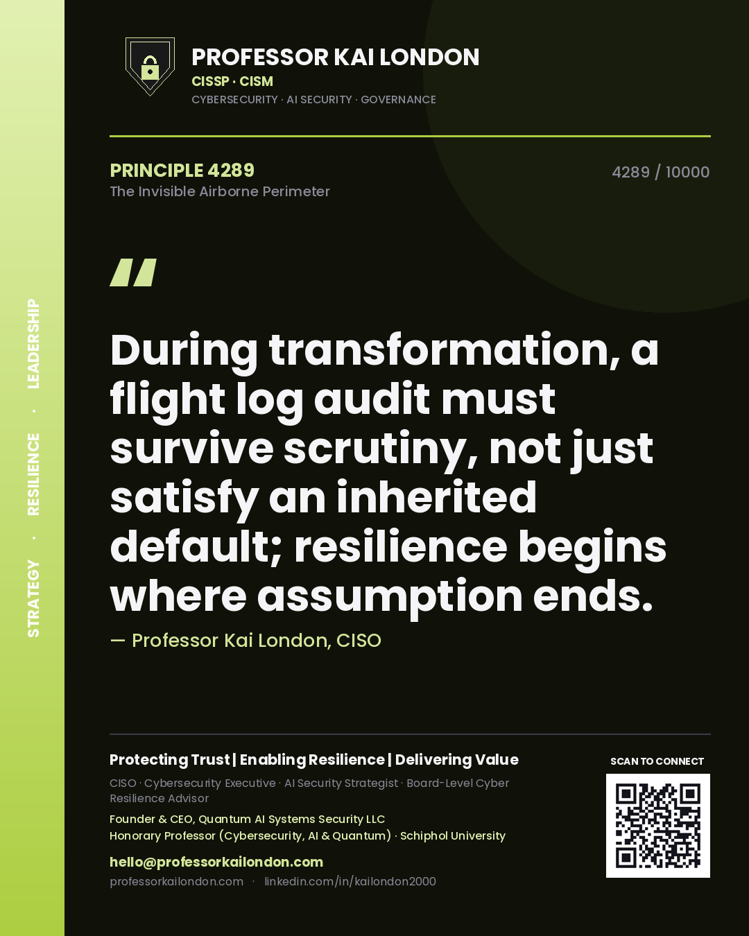Quote card by Professor Kai London reading 'During transformation, a flight log audit must survive scrutiny, not just satisfy an inherited default; resilience begins where assumption ends.'. From the book The Invisible Airborne Perimeter.