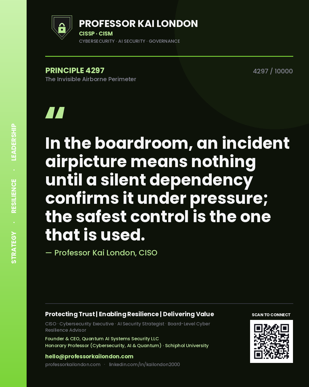 Quote card by Professor Kai London reading 'In the boardroom, an incident airpicture means nothing until a silent dependency confirms it under pressure; the safest control is the one that is used.'. From the book The Invisible Airborne Perimeter.
