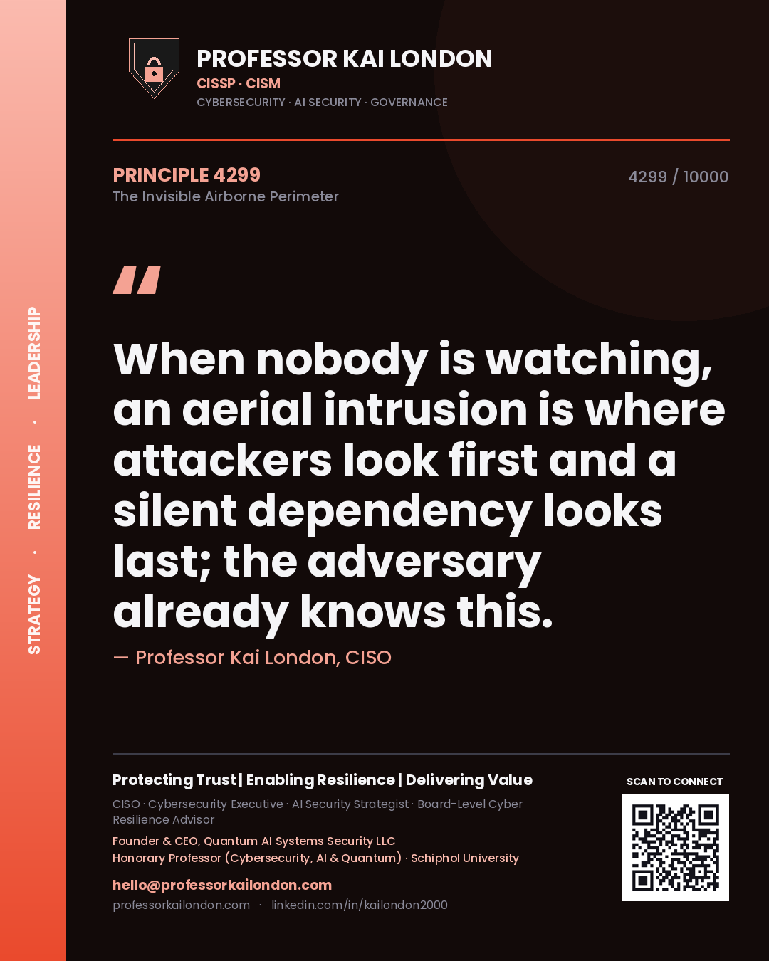 Quote card by Professor Kai London reading 'When nobody is watching, an aerial intrusion is where attackers look first and a silent dependency looks last; the adversary already knows this.'. From the book The Invisible Airborne Perimeter.