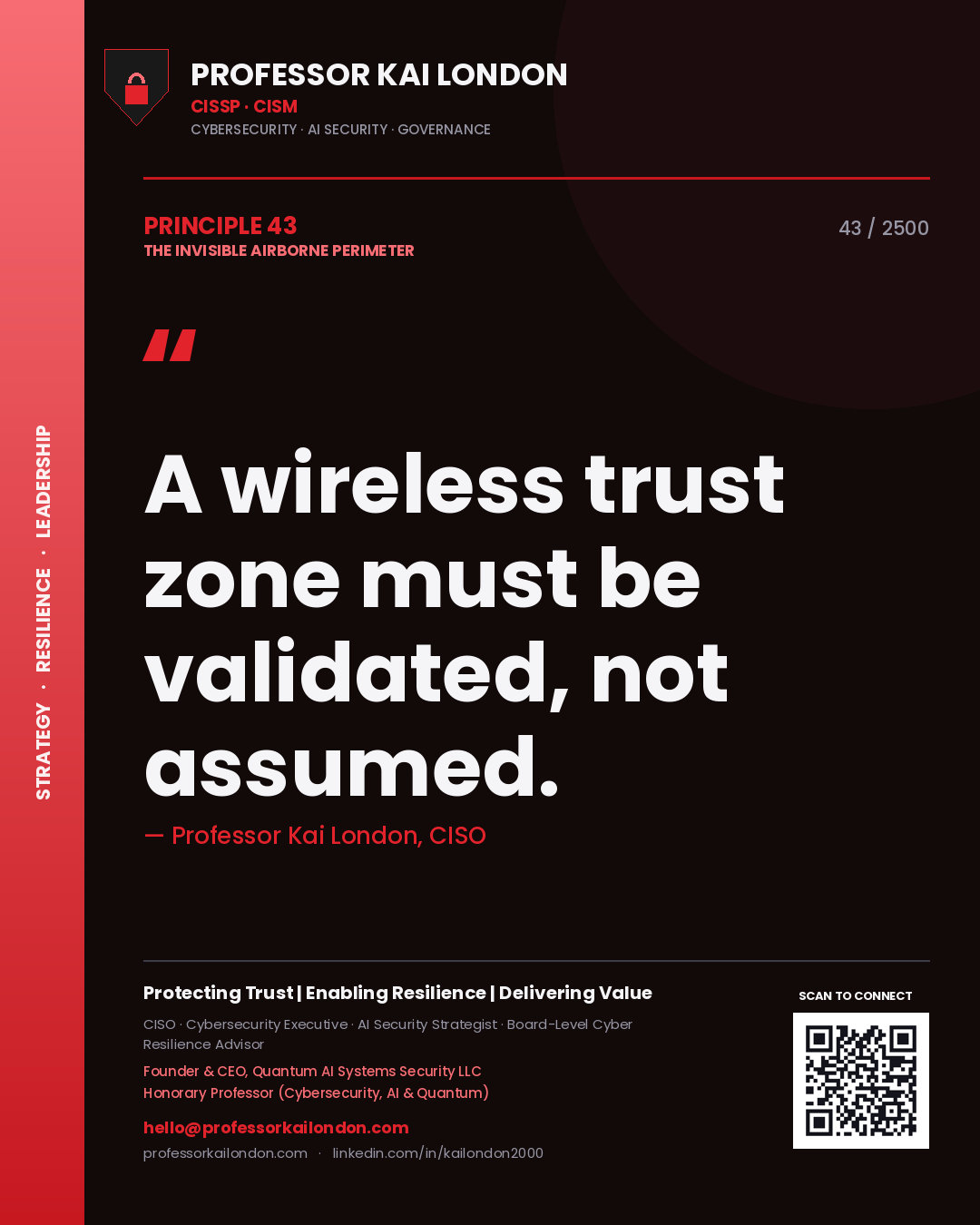 Quote card by Professor Kai London reading 'A wireless trust zone must be validated, not assumed.'. From the book The Invisible Airborne Perimeter.