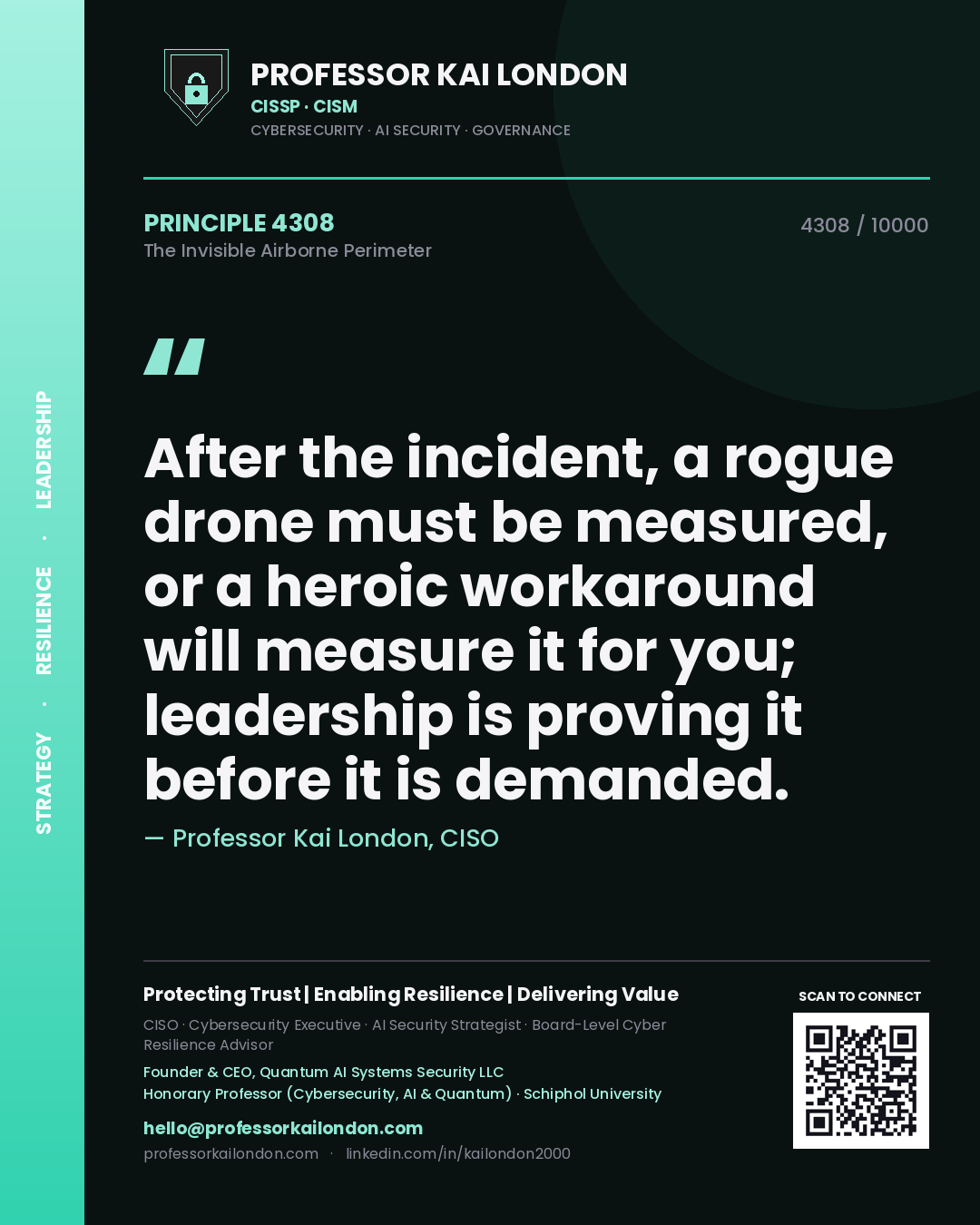 Quote card by Professor Kai London reading 'After the incident, a rogue drone must be measured, or a heroic workaround will measure it for you; leadership is proving it before it is demanded.'. From the book The Invisible Airborne Perimeter.