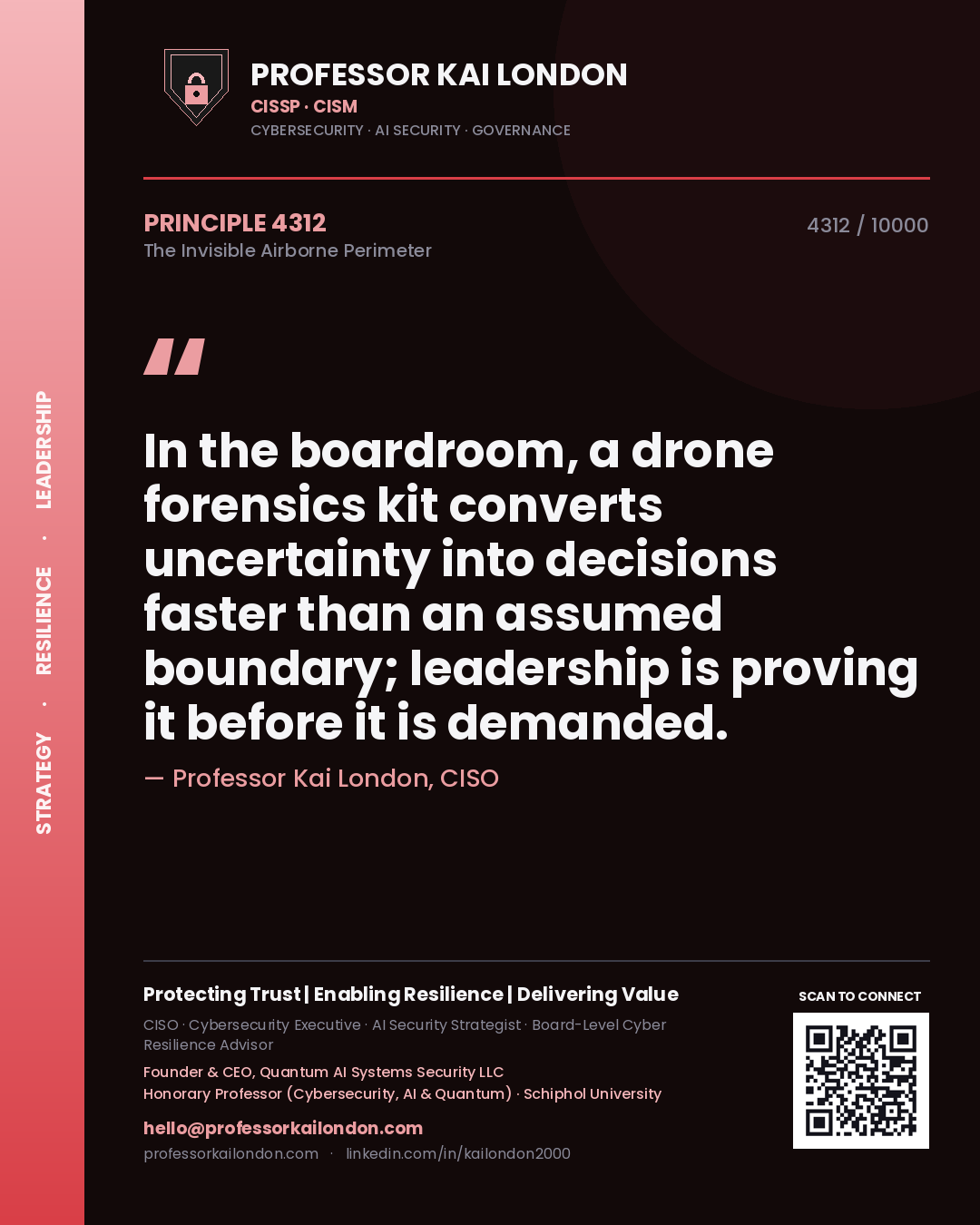 Quote card by Professor Kai London reading 'In the boardroom, a drone forensics kit converts uncertainty into decisions faster than an assumed boundary; leadership is proving it before it is demanded.'. From the book The Invisible Airborne Perimeter.