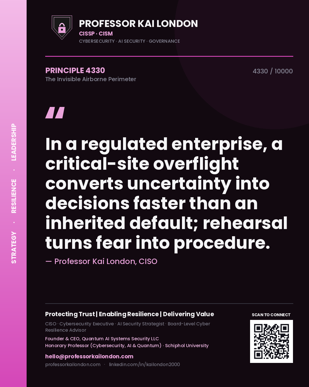 Quote card by Professor Kai London reading 'In a regulated enterprise, a critical-site overflight converts uncertainty into decisions faster than an inherited default; rehearsal turns fear into procedure.'. From the book The Invisible Airborne Perimeter.
