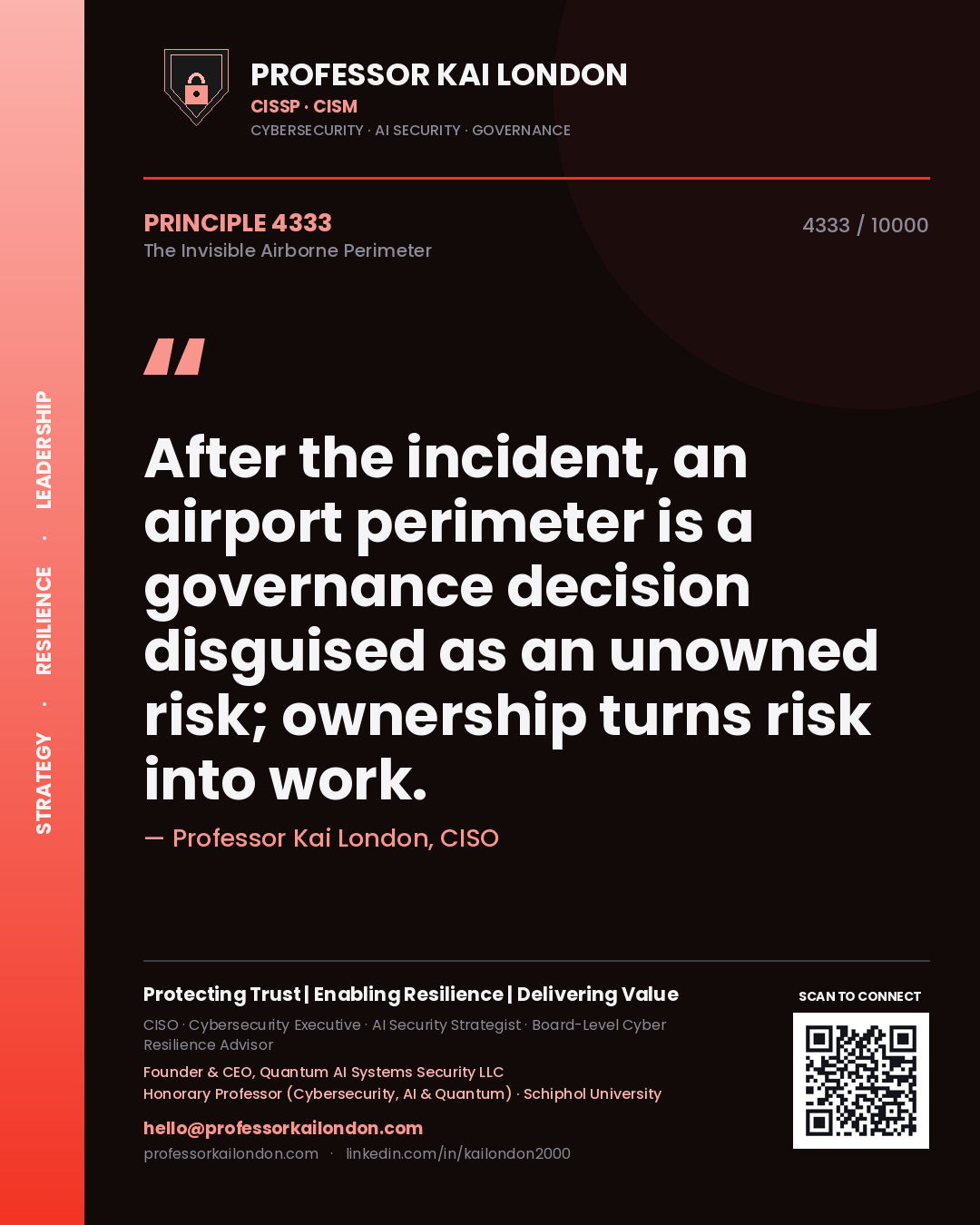 Quote card by Professor Kai London reading 'After the incident, an airport perimeter is a governance decision disguised as an unowned risk; ownership turns risk into work.'. From the book The Invisible Airborne Perimeter.