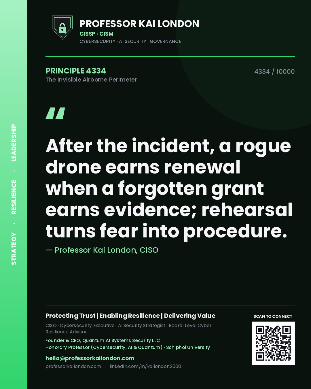 Professor Kai London principle 4334: After the incident, a rogue drone earns renewal when a forgotten grant earns evidence; rehearsal turns fear into procedure.