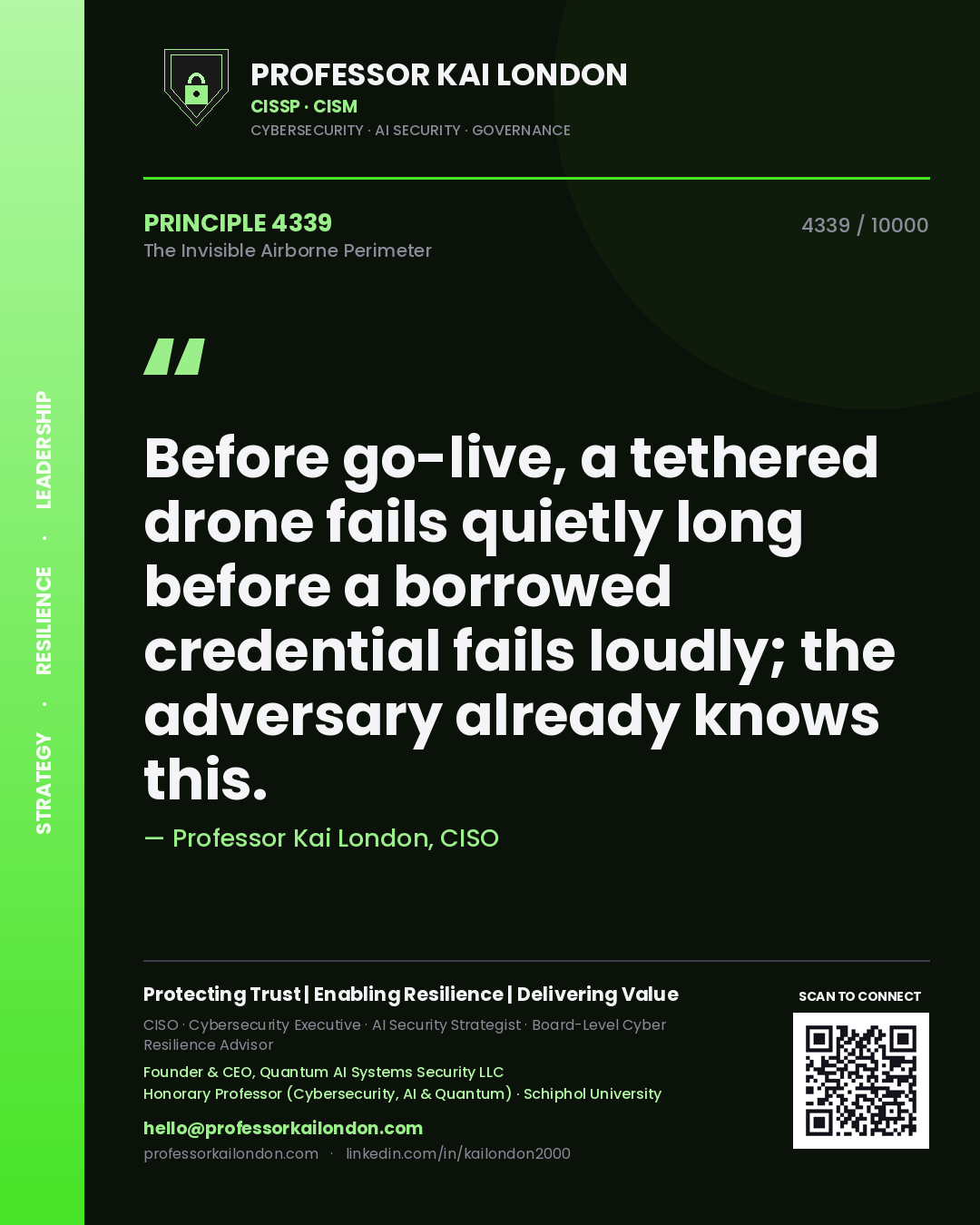 Professor Kai London principle 4339: Before go-live, a tethered drone fails quietly long before a borrowed credential fails loudly; the adversary already knows this.
