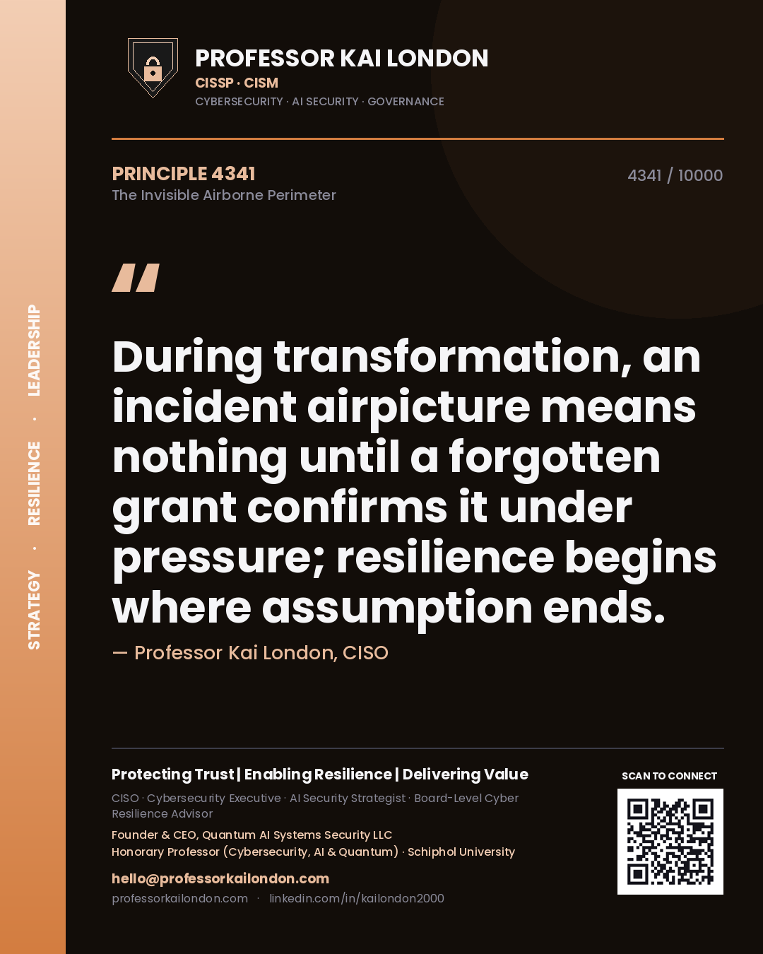 Quote card by Professor Kai London reading 'During transformation, an incident airpicture means nothing until a forgotten grant confirms it under pressure; resilience begins where assumption ends.'. From the book The Invisible Airborne Perimeter.