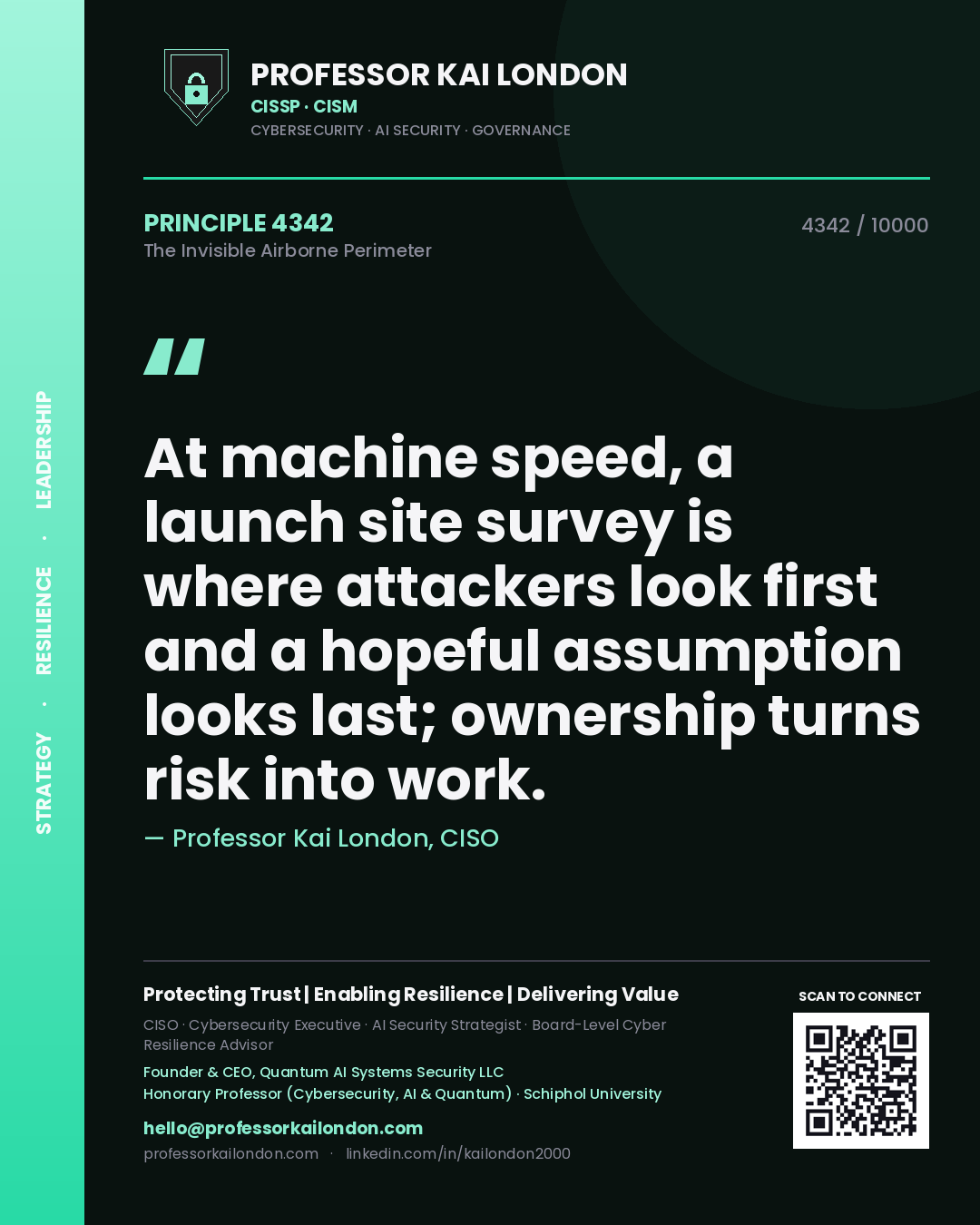 Quote card by Professor Kai London reading 'At machine speed, a launch site survey is where attackers look first and a hopeful assumption looks last; ownership turns risk into work.'. From the book The Invisible Airborne Perimeter.
