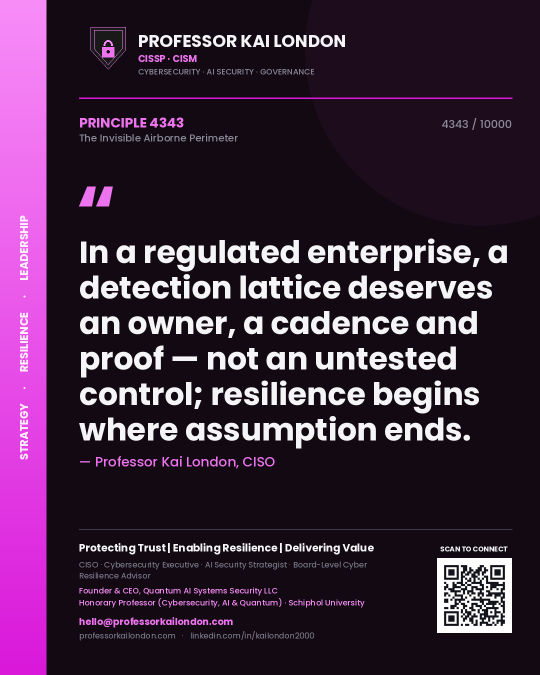 Quote card by Professor Kai London reading 'In a regulated enterprise, a detection lattice deserves an owner, a cadence and proof — not an untested control; resilience begins where assumption ends.'. From the book The Invisible Airborne Perimeter.