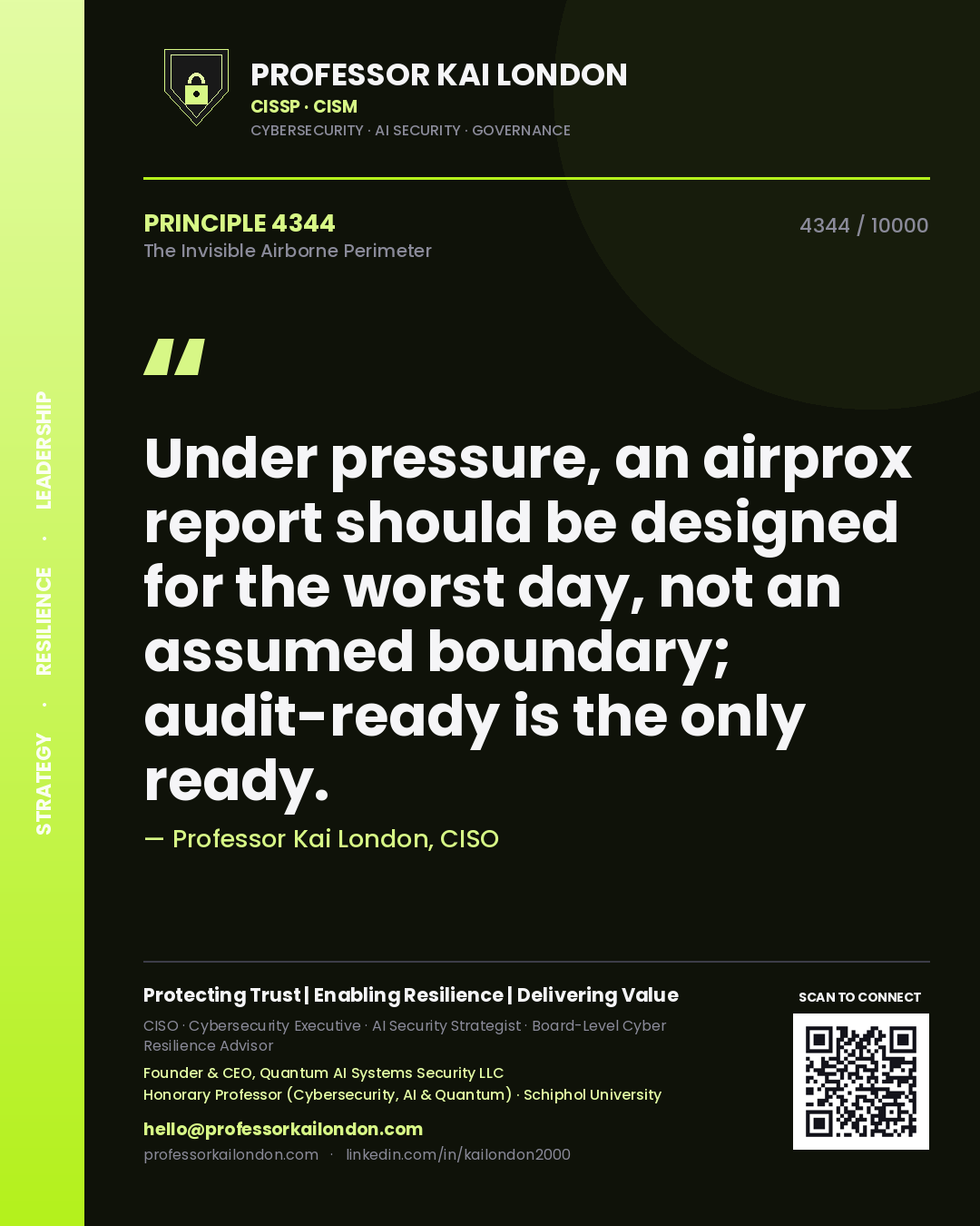 Quote card by Professor Kai London reading 'Under pressure, an airprox report should be designed for the worst day, not an assumed boundary; audit-ready is the only ready.'. From the book The Invisible Airborne Perimeter.