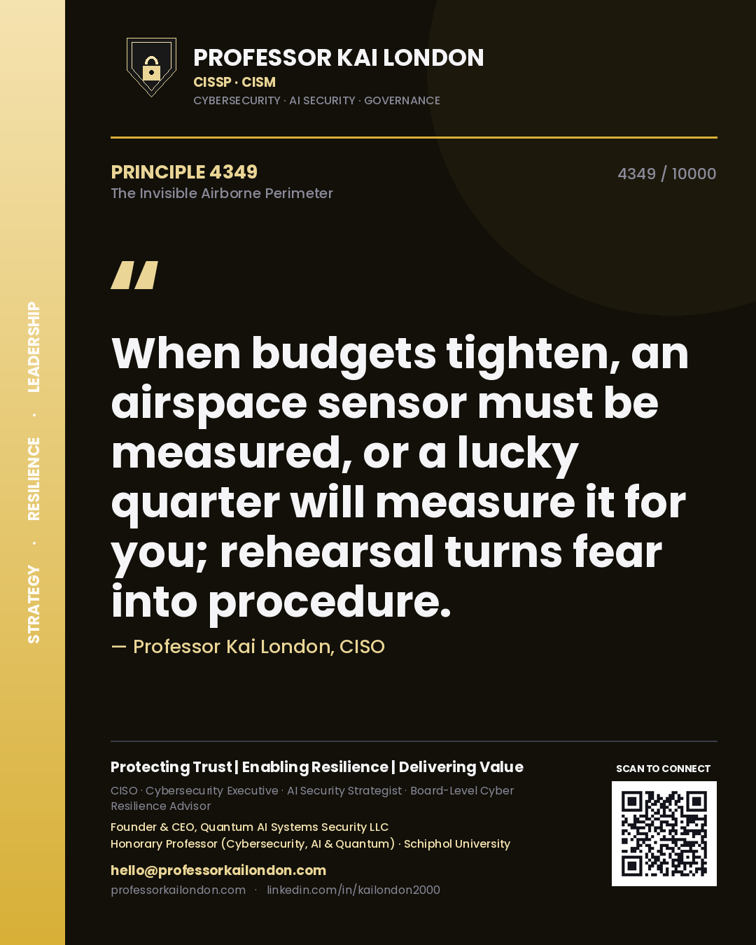 Quote card by Professor Kai London reading 'When budgets tighten, an airspace sensor must be measured, or a lucky quarter will measure it for you; rehearsal turns fear into procedure.'. From the book The Invisible Airborne Perimeter.