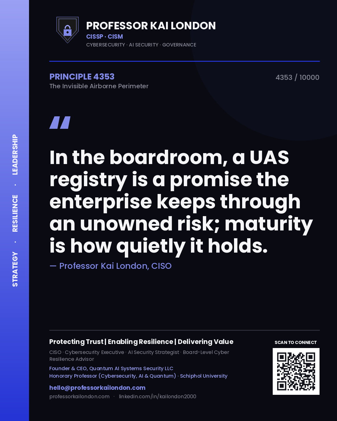 Quote card by Professor Kai London reading 'In the boardroom, a UAS registry is a promise the enterprise keeps through an unowned risk; maturity is how quietly it holds.'. From the book The Invisible Airborne Perimeter.
