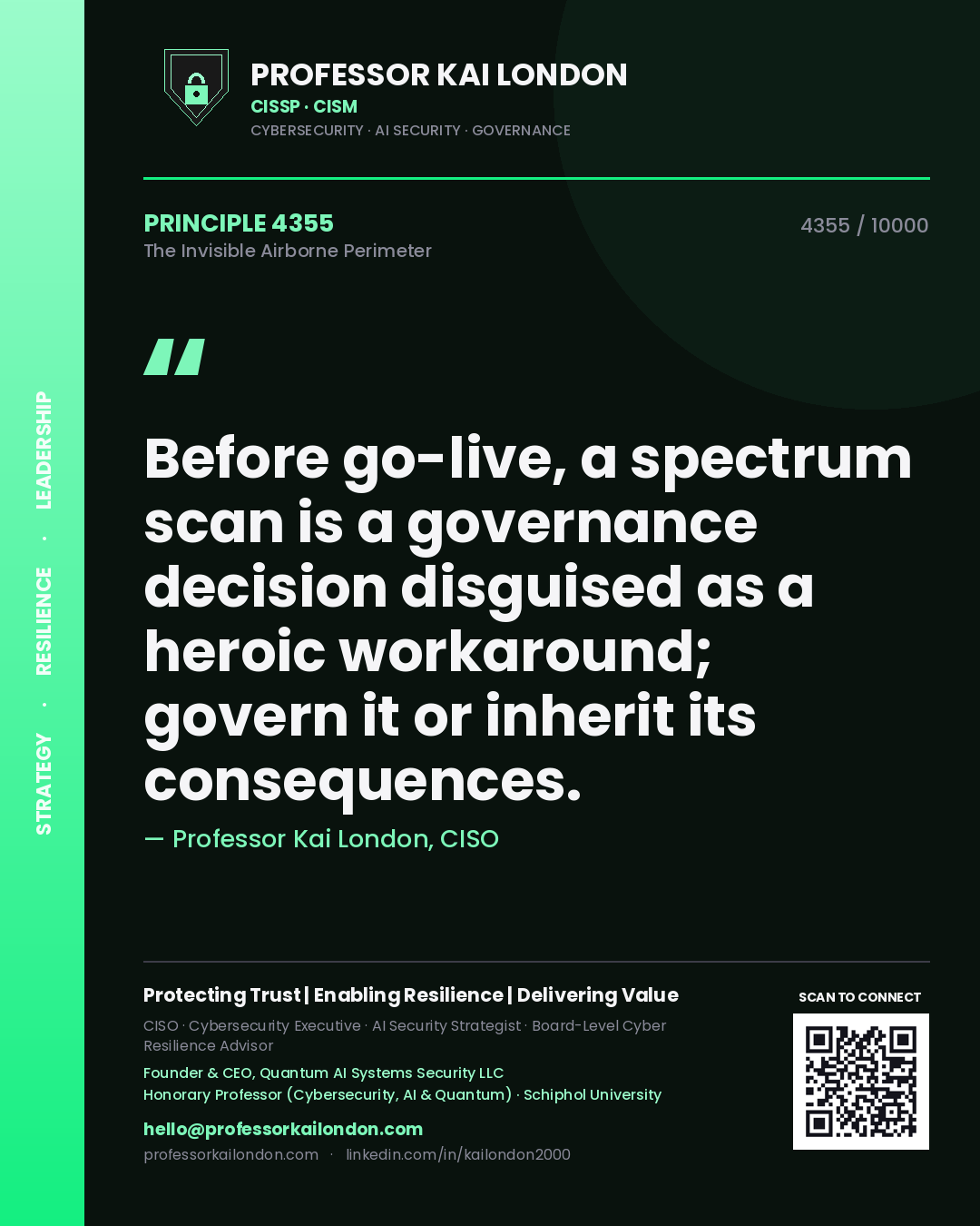 Quote card by Professor Kai London reading 'Before go-live, a spectrum scan is a governance decision disguised as a heroic workaround; govern it or inherit its consequences.'. From the book The Invisible Airborne Perimeter.