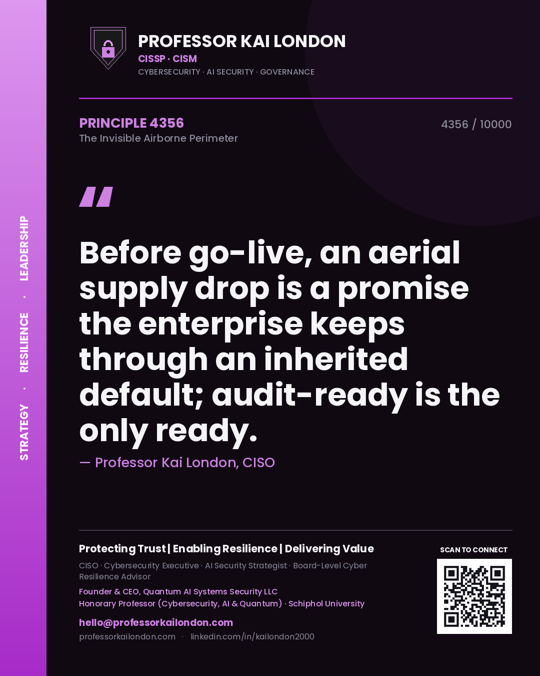 Quote card by Professor Kai London reading 'Before go-live, an aerial supply drop is a promise the enterprise keeps through an inherited default; audit-ready is the only ready.'. From the book The Invisible Airborne Perimeter.