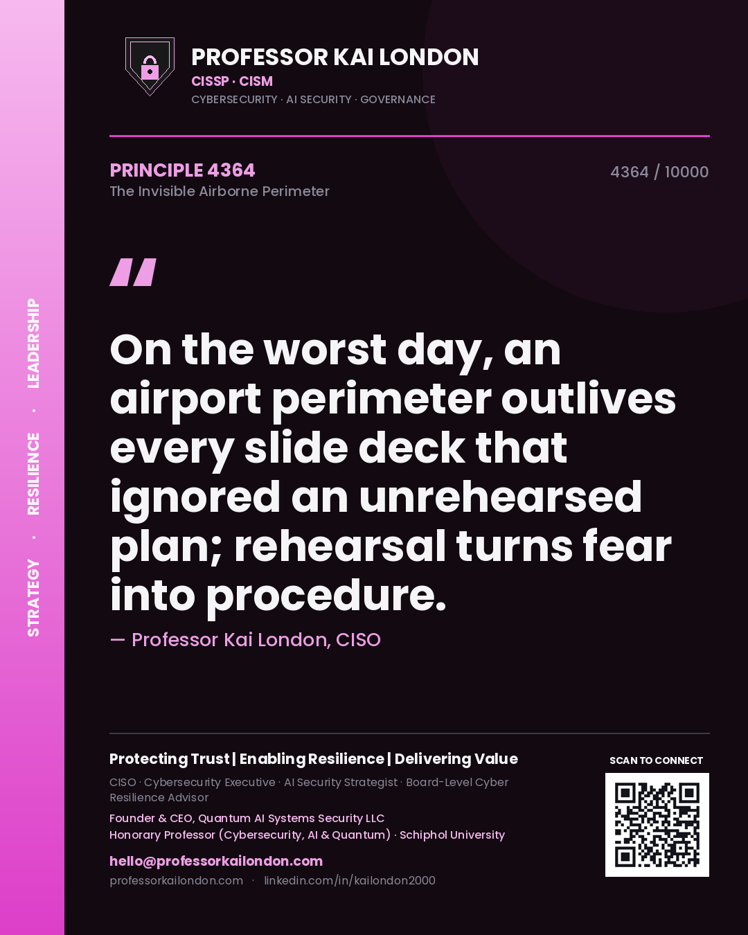 Quote card by Professor Kai London reading 'On the worst day, an airport perimeter outlives every slide deck that ignored an unrehearsed plan; rehearsal turns fear into procedure.'. From the book The Invisible Airborne Perimeter.