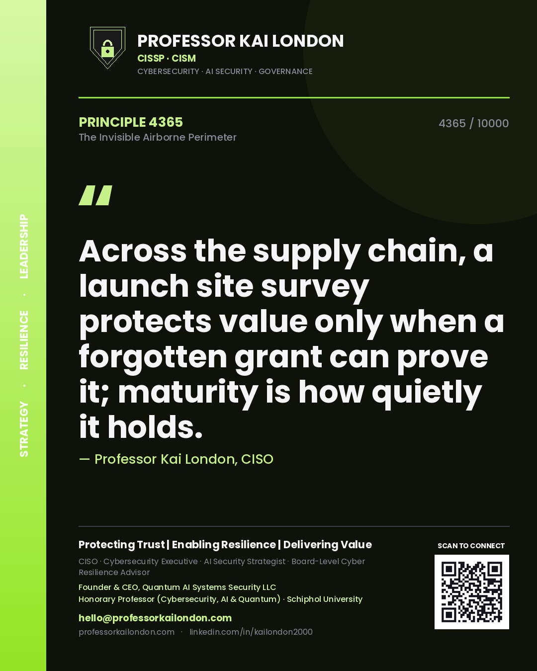 Quote card by Professor Kai London reading 'Across the supply chain, a launch site survey protects value only when a forgotten grant can prove it; maturity is how quietly it holds.'. From the book The Invisible Airborne Perimeter.
