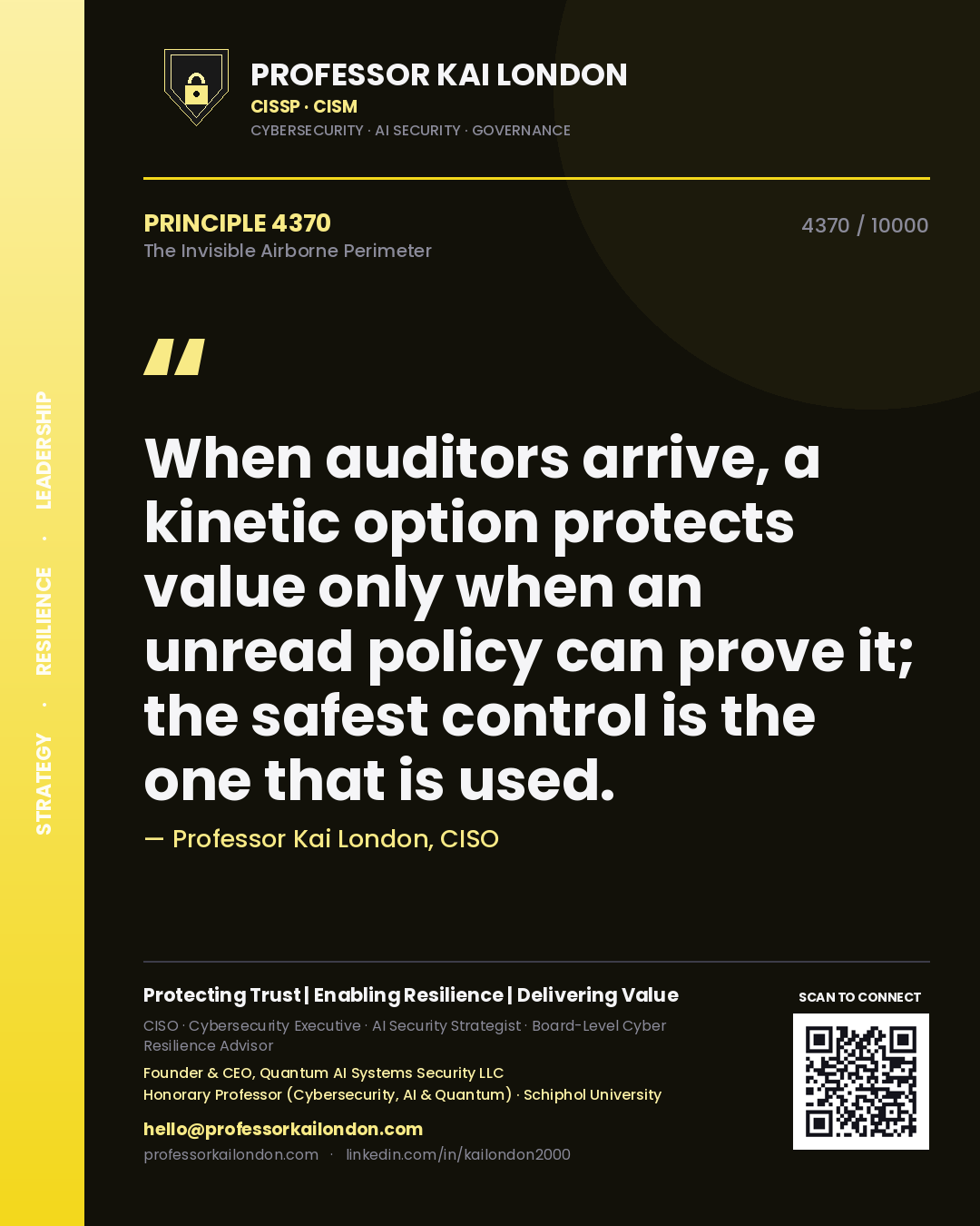 Professor Kai London principle 4370: When auditors arrive, a kinetic option protects value only when an unread policy can prove it; the safest control is the one that is used.