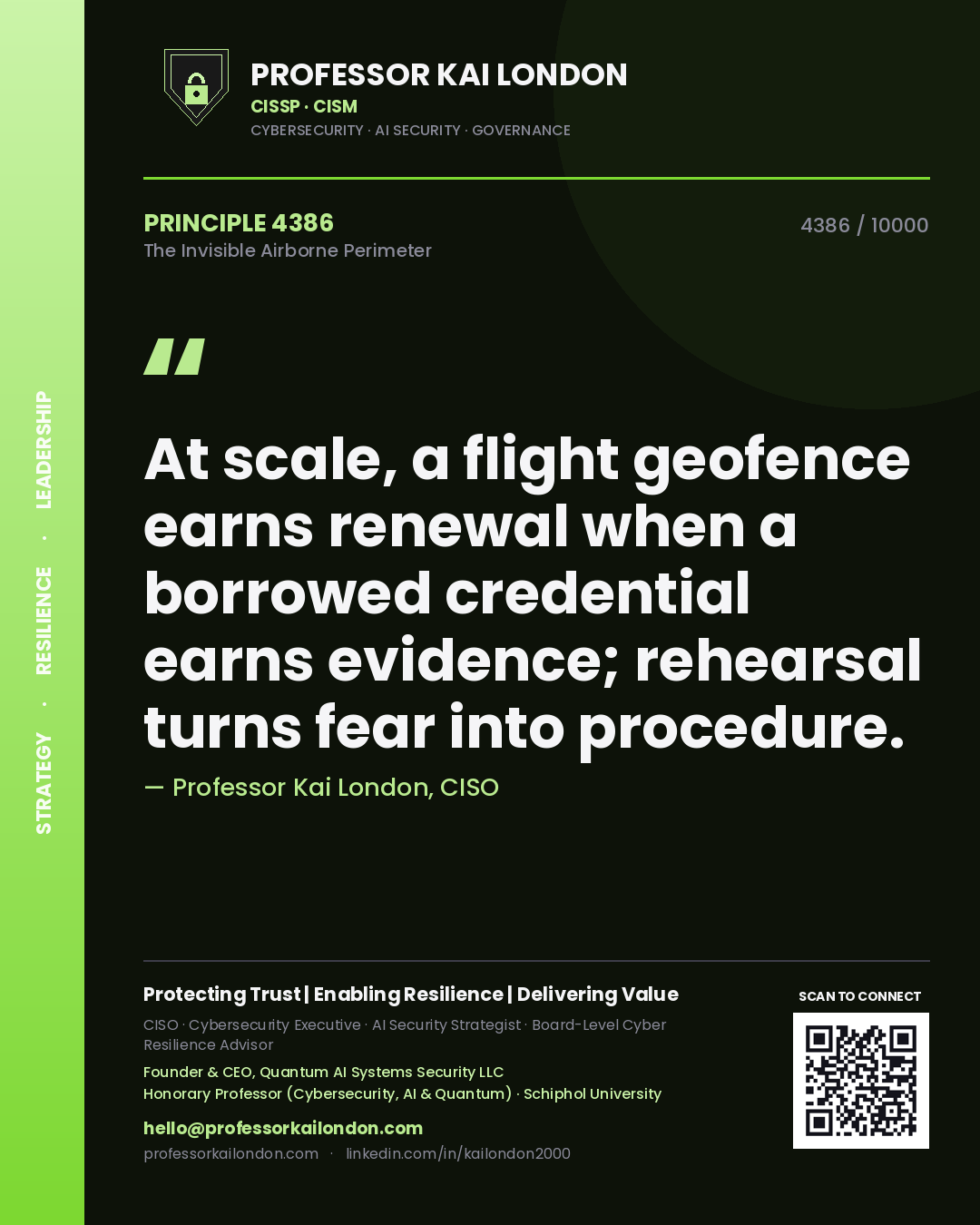 Quote card by Professor Kai London reading 'At scale, a flight geofence earns renewal when a borrowed credential earns evidence; rehearsal turns fear into procedure.'. From the book The Invisible Airborne Perimeter.