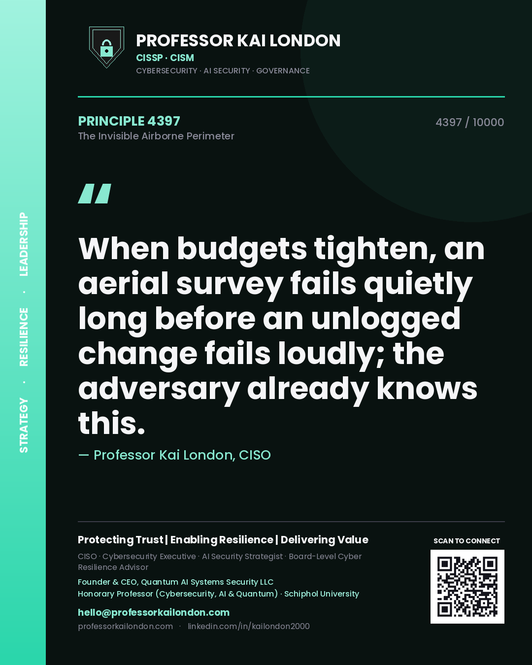 Quote card by Professor Kai London reading 'When budgets tighten, an aerial survey fails quietly long before an unlogged change fails loudly; the adversary already knows this.'. From the book The Invisible Airborne Perimeter.